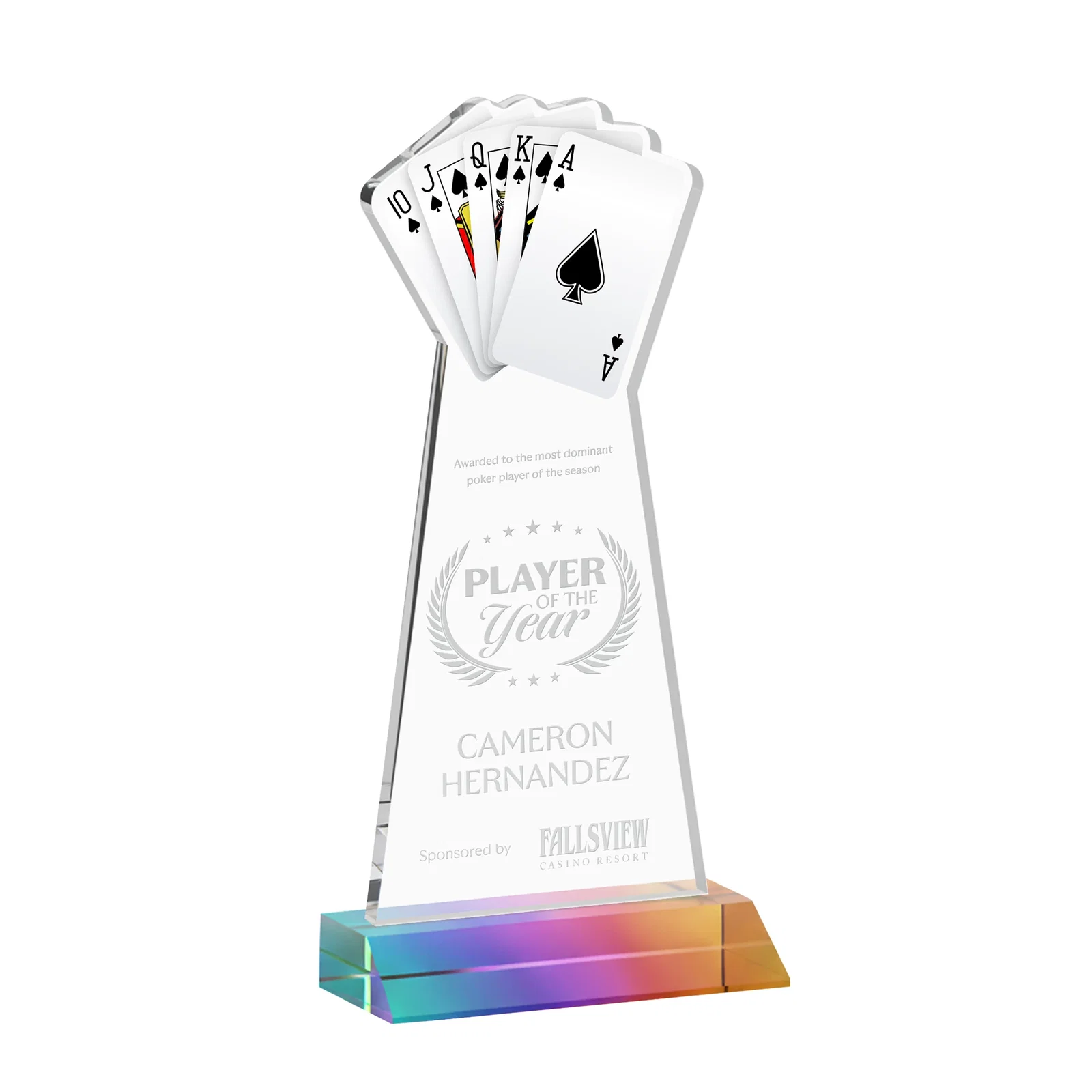 Personalized Starfire Crystal Poker Award With Card Cutout, Mitered Base for company anniversary events