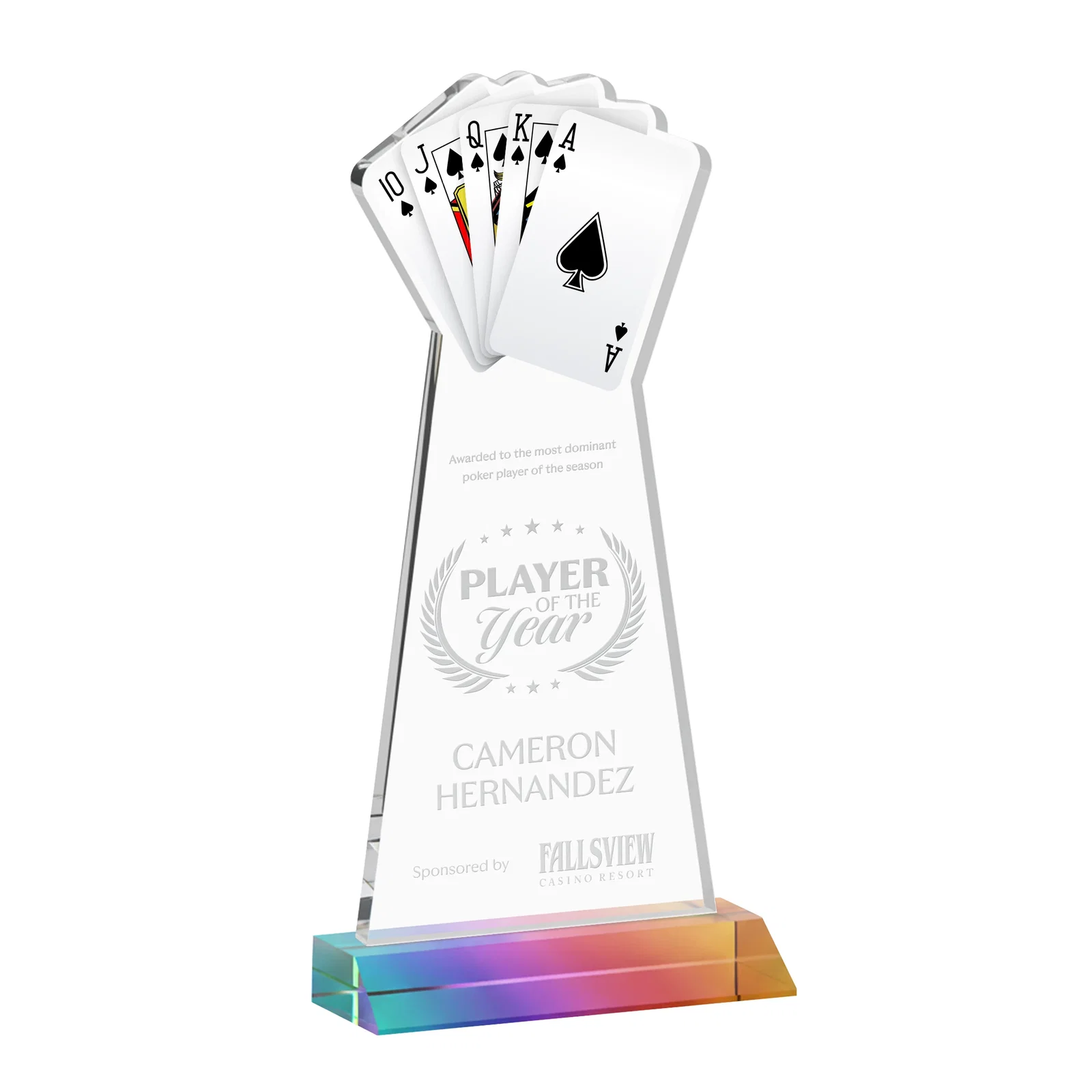 Promotional Starfire Crystal Poker Award With Card Cutout, Mitered Base for employee recognition