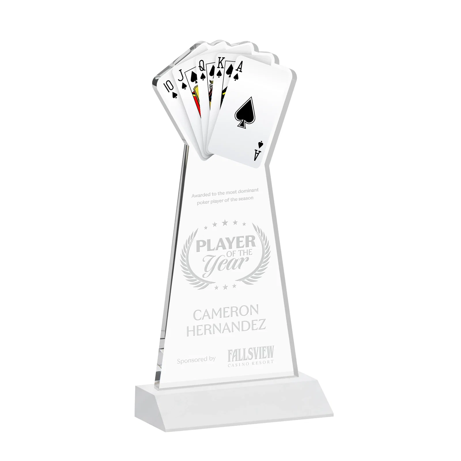 Promotional Starfire Crystal Poker Award With Card Cutout, Mitered Base for company anniversary events