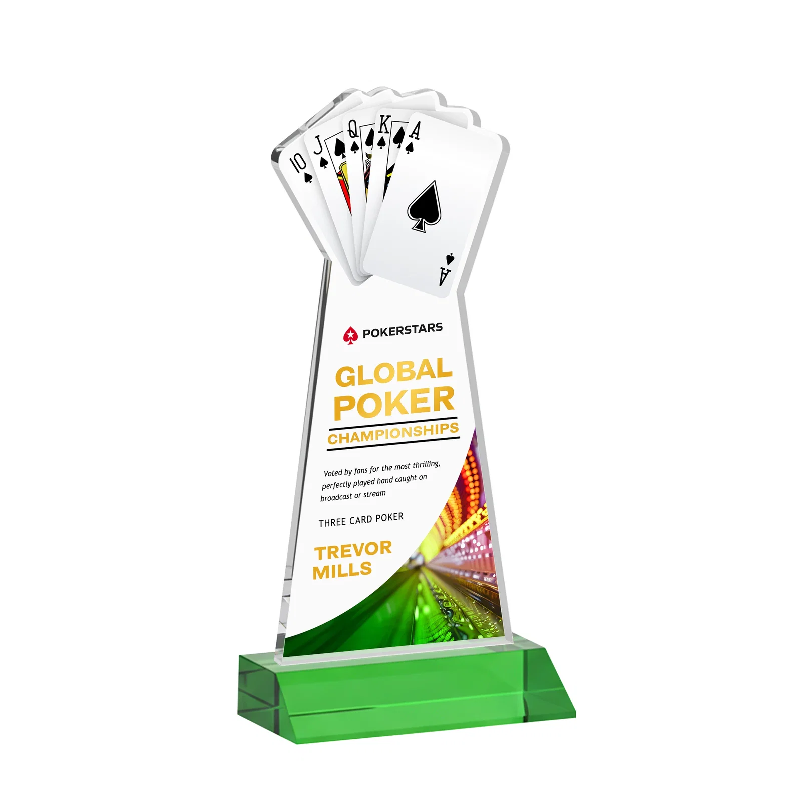 Branded Starfire Crystal Poker Award With Card Cutout, Mitered Base for dealer and partner awards