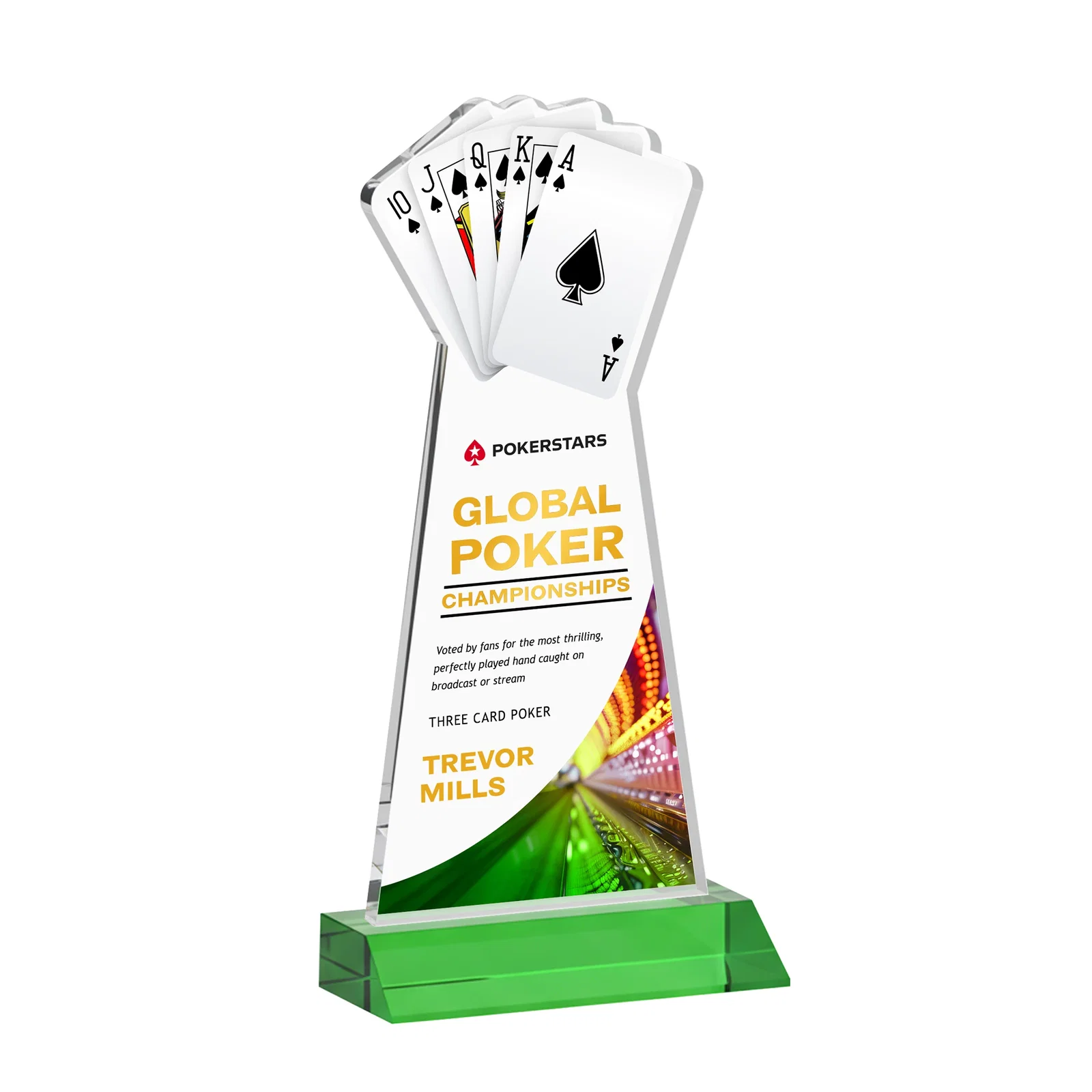 Branded Starfire Crystal Poker Award With Card Cutout, Mitered Base for company anniversary events