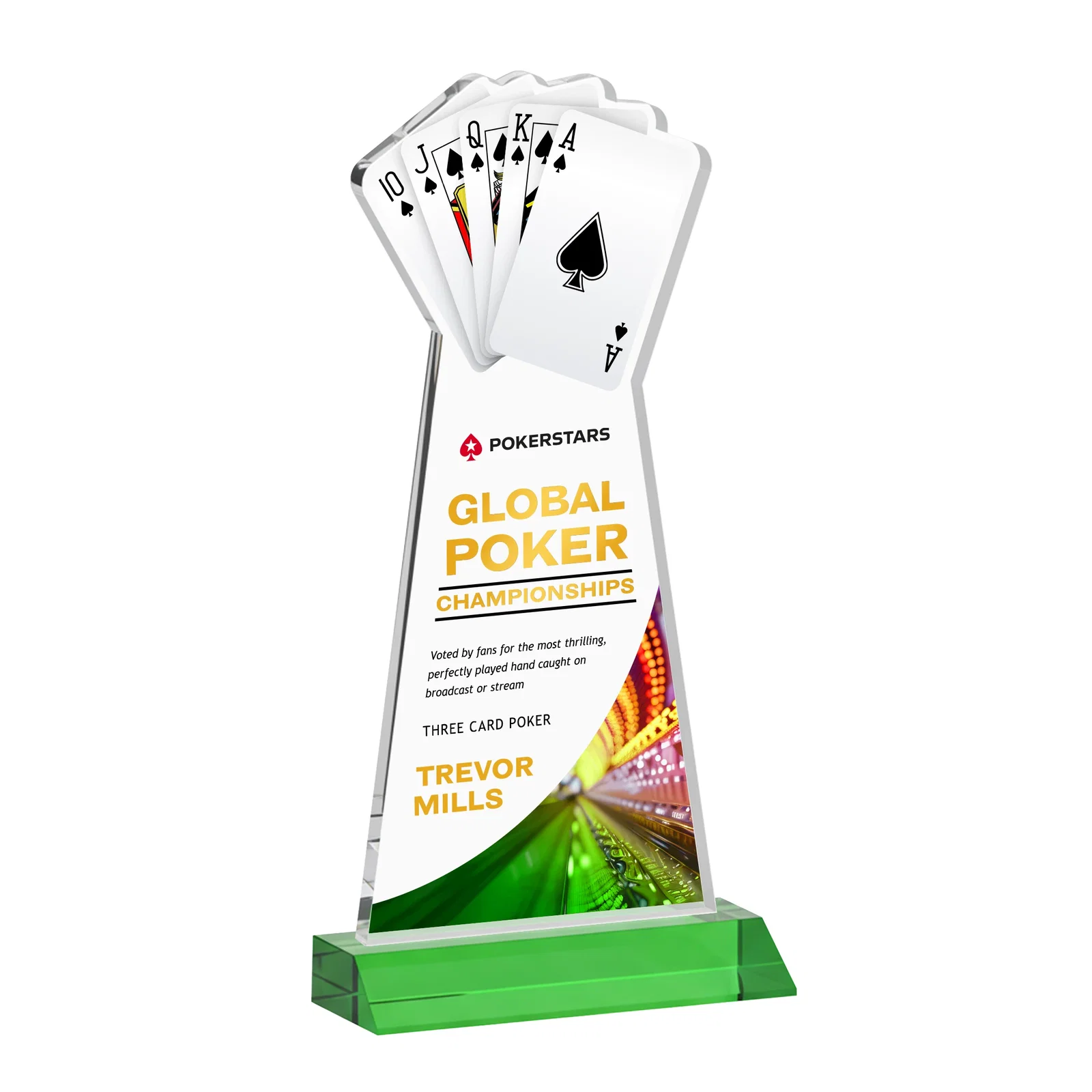 Custom printed Starfire Crystal Poker Award With Card Cutout, Mitered Base for employee recognition