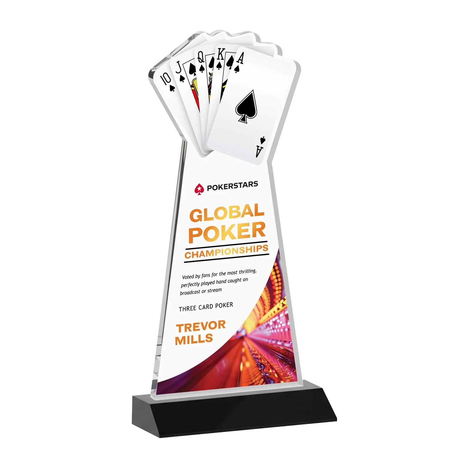 Custom printed Starfire Crystal Poker Award With Card Cutout, Mitered Base for retirement presentations