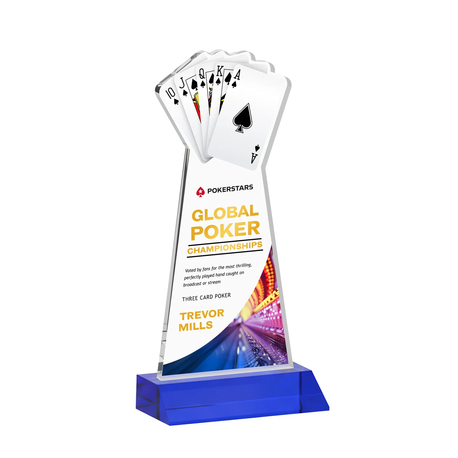 Custom printed Starfire Crystal Poker Award With Card Cutout, Mitered Base for donor appreciation