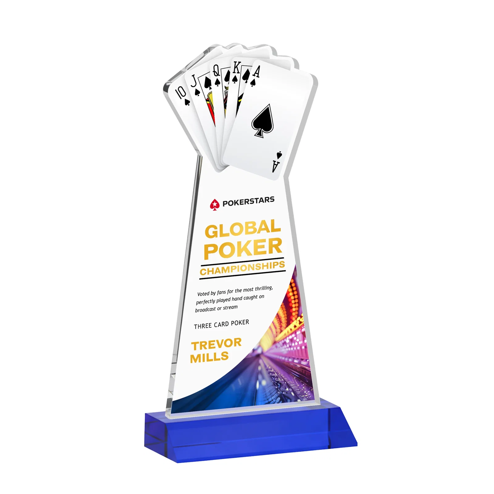 Custom printed Starfire Crystal Poker Award With Card Cutout, Mitered Base for graduation ceremonies