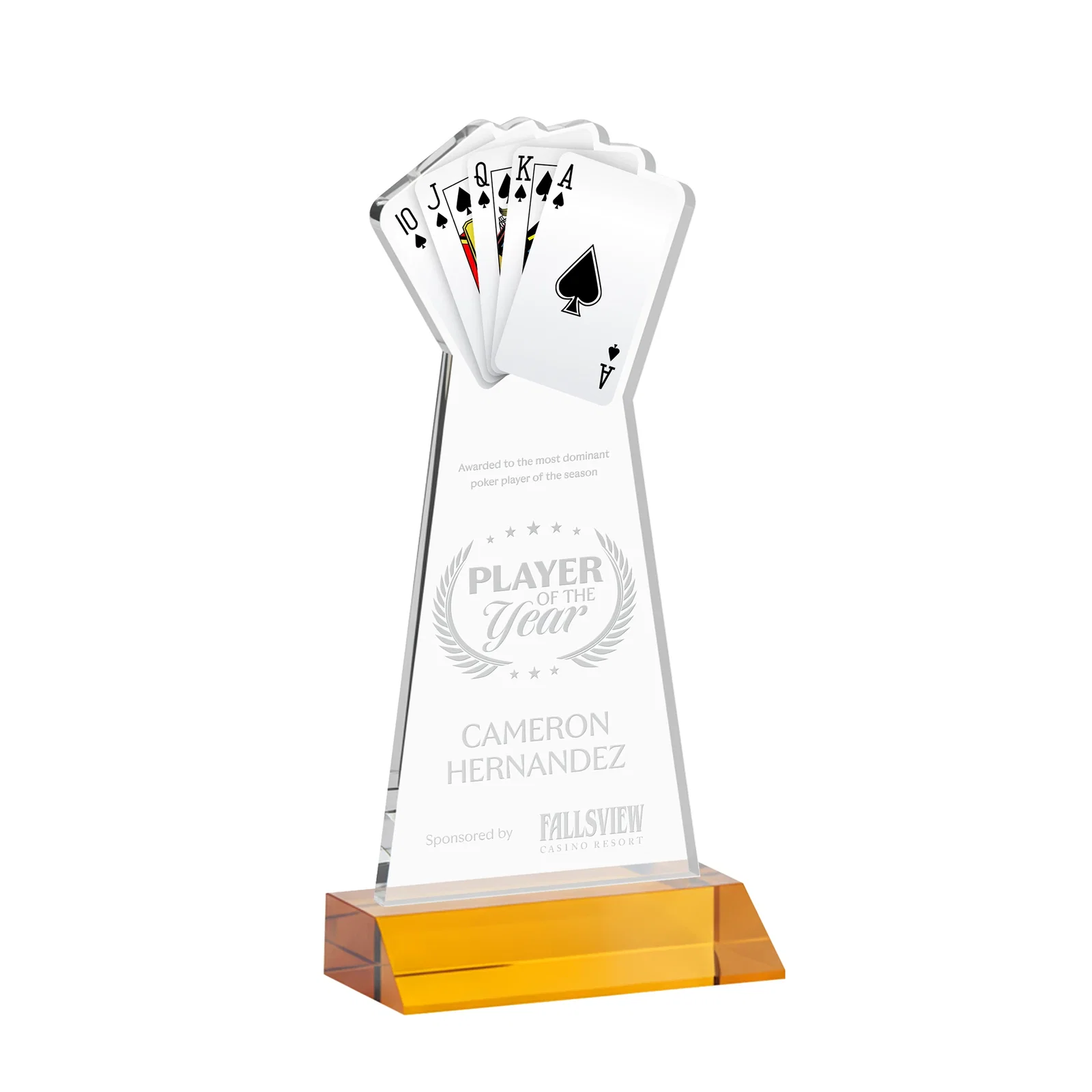 Custom Starfire Crystal Poker Award With Card Cutout, Mitered Base for donor appreciation