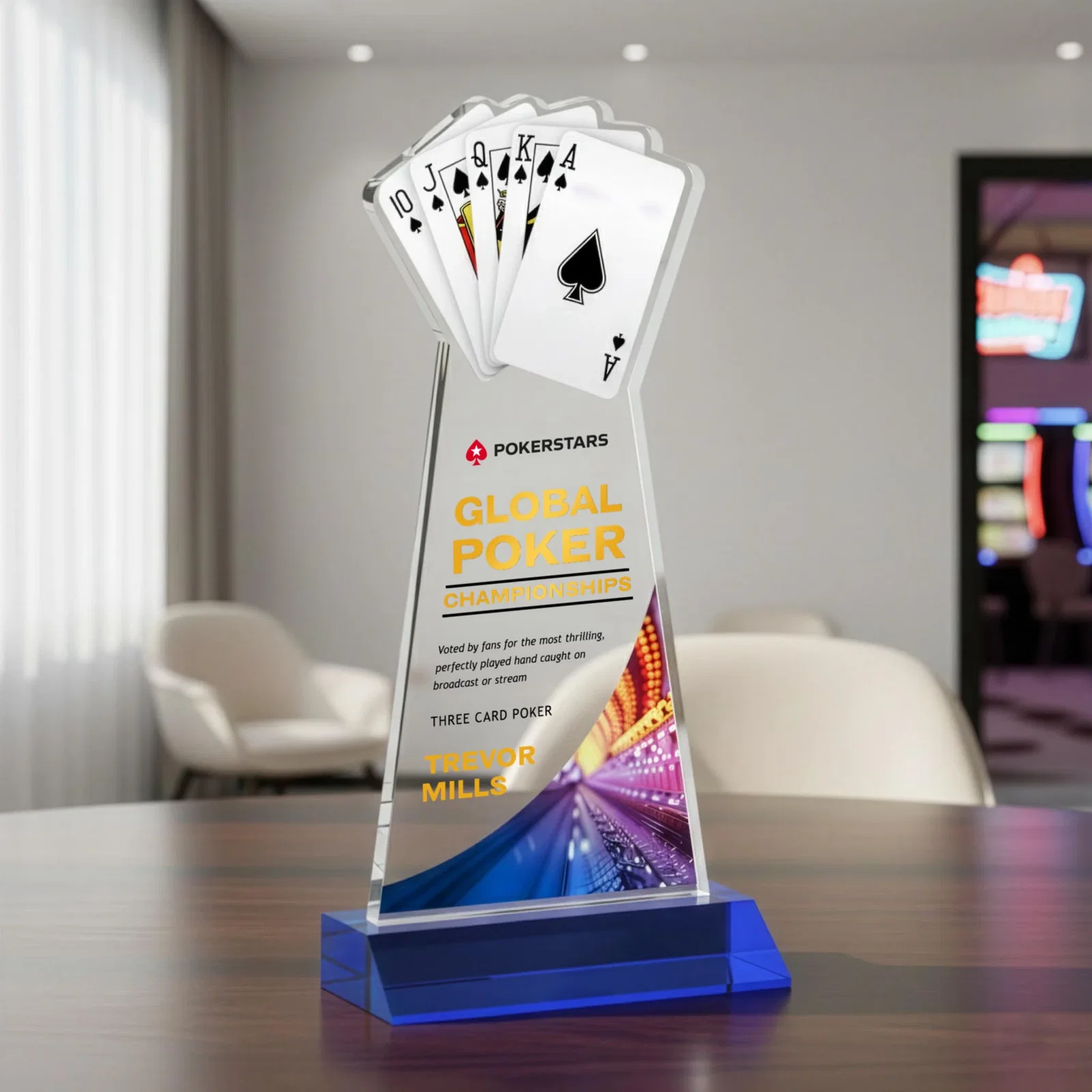 Custom printed Starfire Crystal Poker Award With Card Cutout, Mitered Base for volunteer appreciation