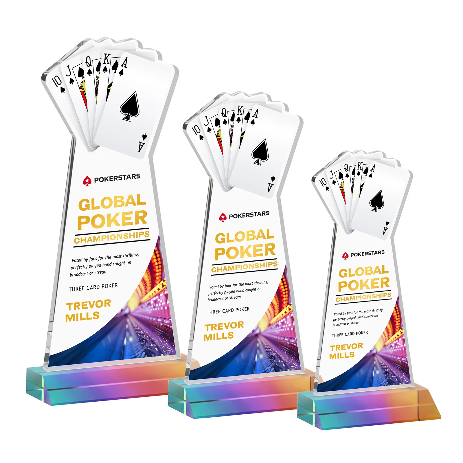 Custom printed Starfire Crystal Poker Award With Card Cutout, Mitered Base for dealer and partner awards