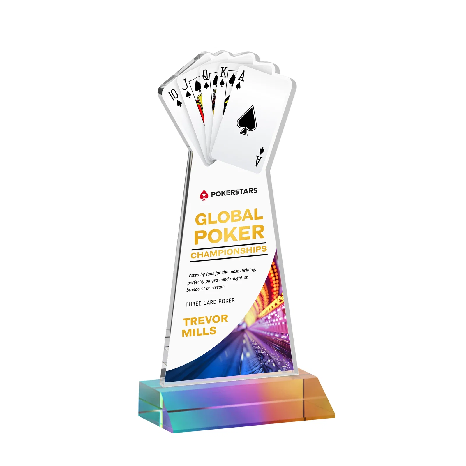 Custom printed Starfire Crystal Poker Award With Card Cutout, Mitered Base for company anniversary events