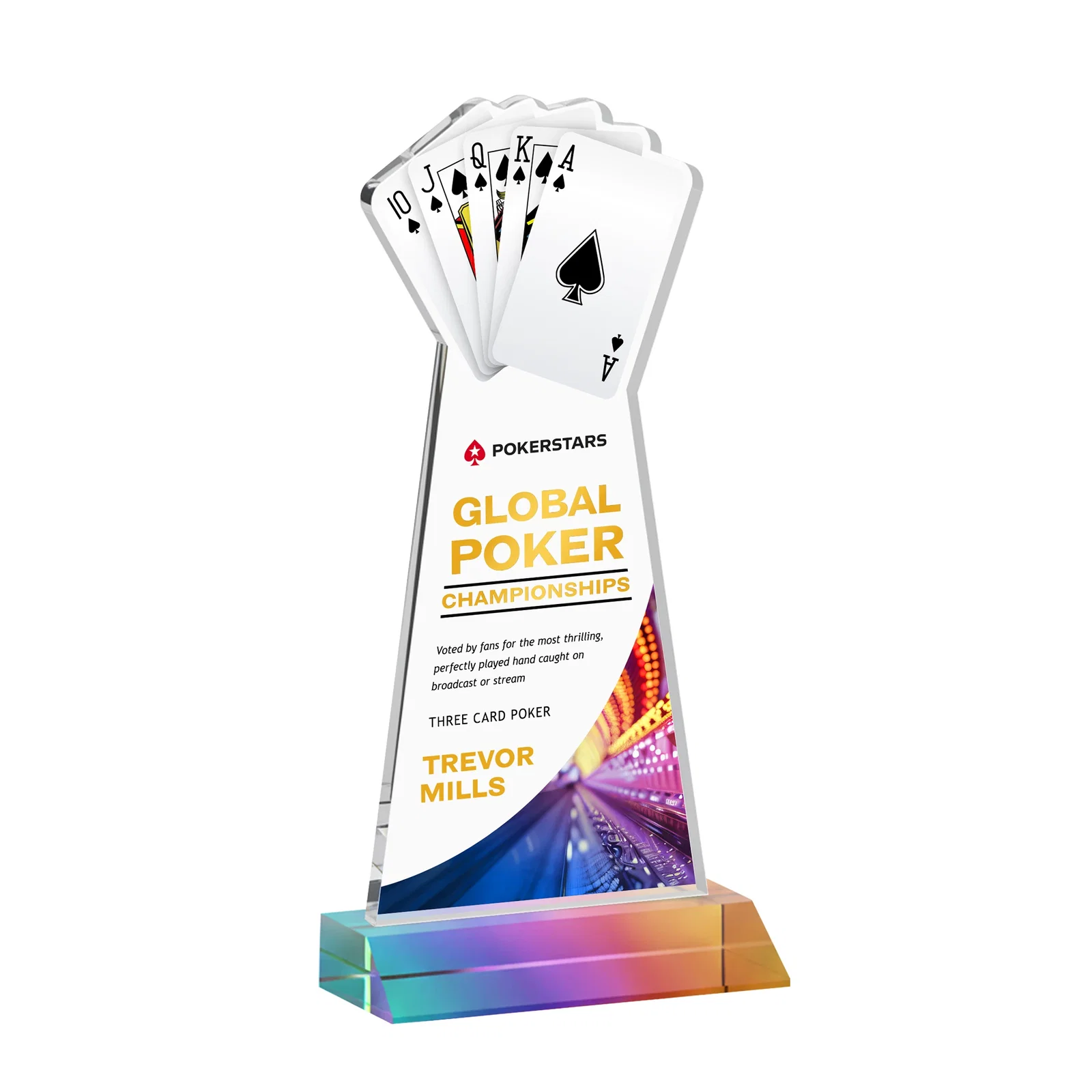 Customized Starfire Crystal Poker Award With Card Cutout, Mitered Base for employee recognition