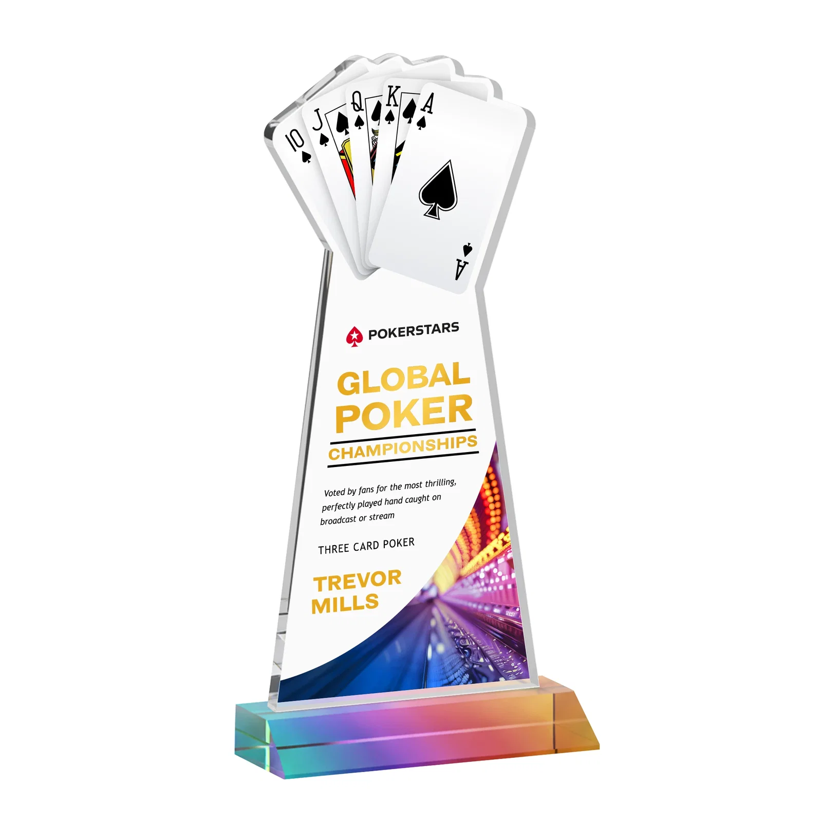 Customized Starfire Crystal Poker Award With Card Cutout, Mitered Base for corporate award ceremonies