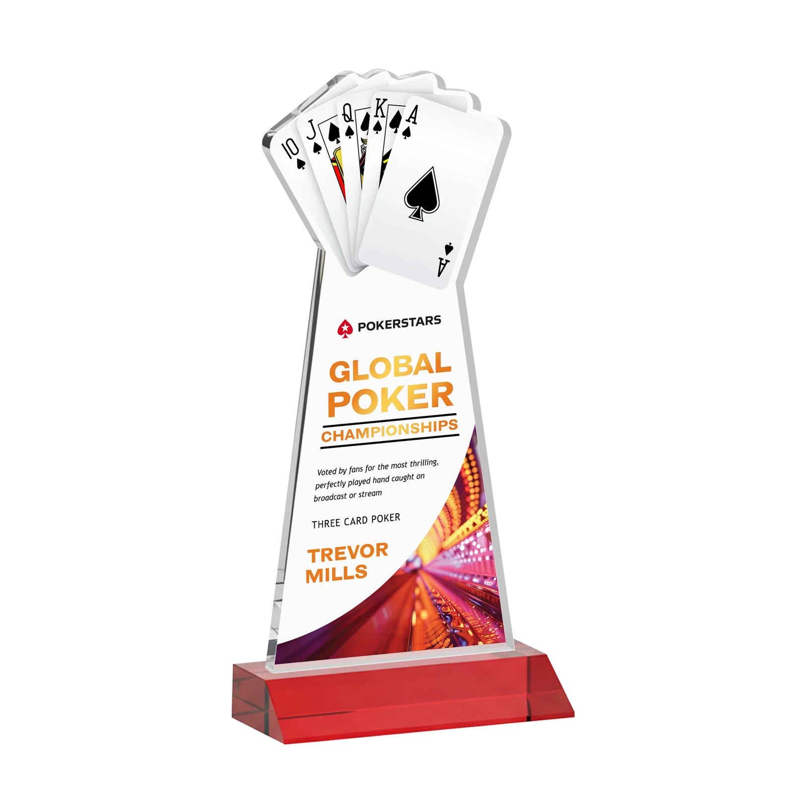 Customized Starfire Crystal Poker Award With Card Cutout, Mitered Base for retirement presentations