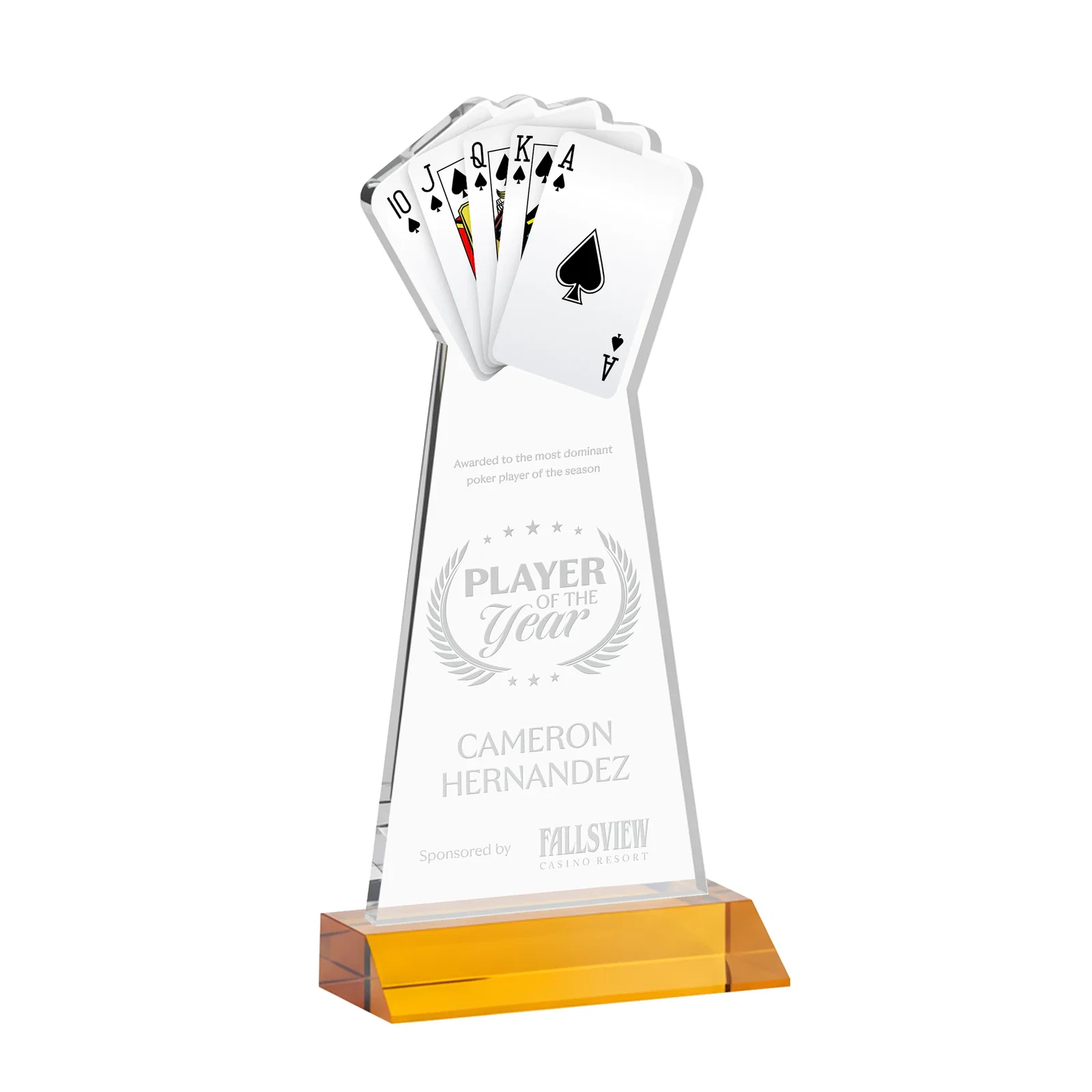 Custom Starfire Crystal Poker Award With Card Cutout, Mitered Base for graduation ceremonies