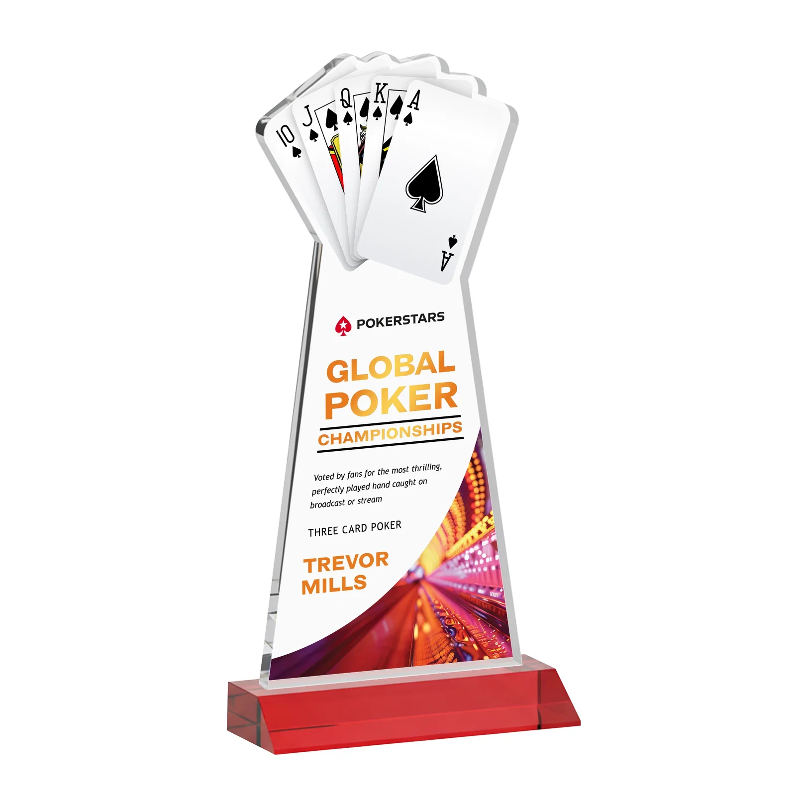 Customized Starfire Crystal Poker Award With Card Cutout, Mitered Base for team milestone celebrations