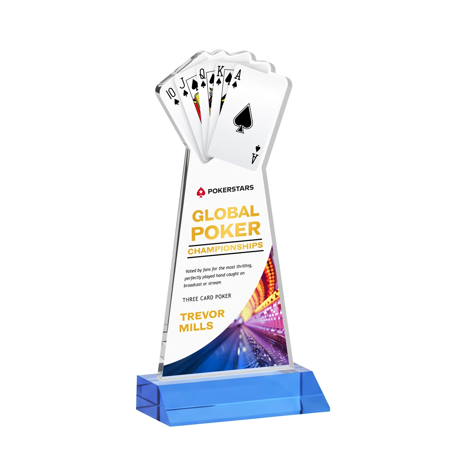 Customized Starfire Crystal Poker Award With Card Cutout, Mitered Base for graduation ceremonies