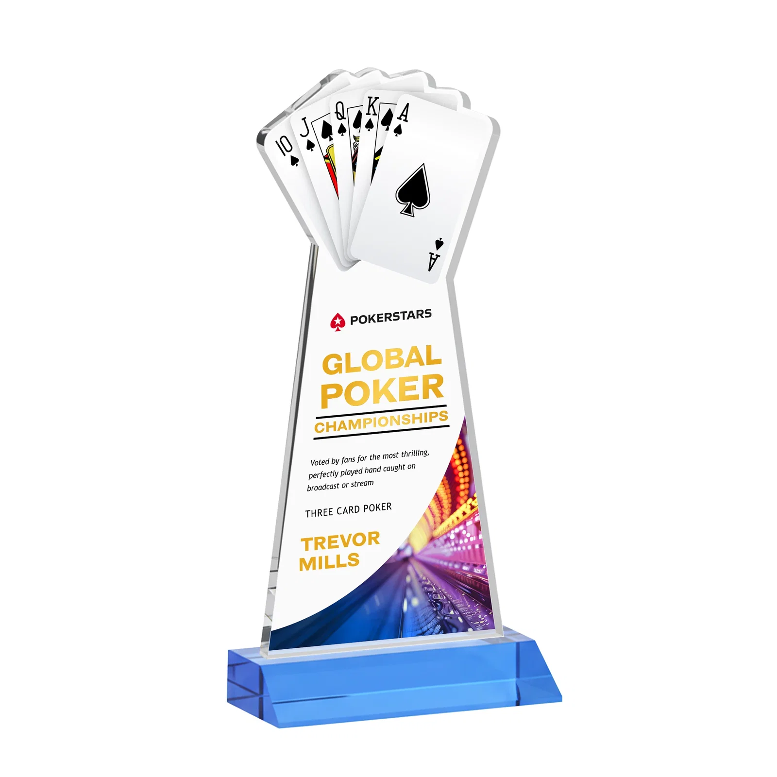 Customized Starfire Crystal Poker Award With Card Cutout, Mitered Base for safety achievement programs