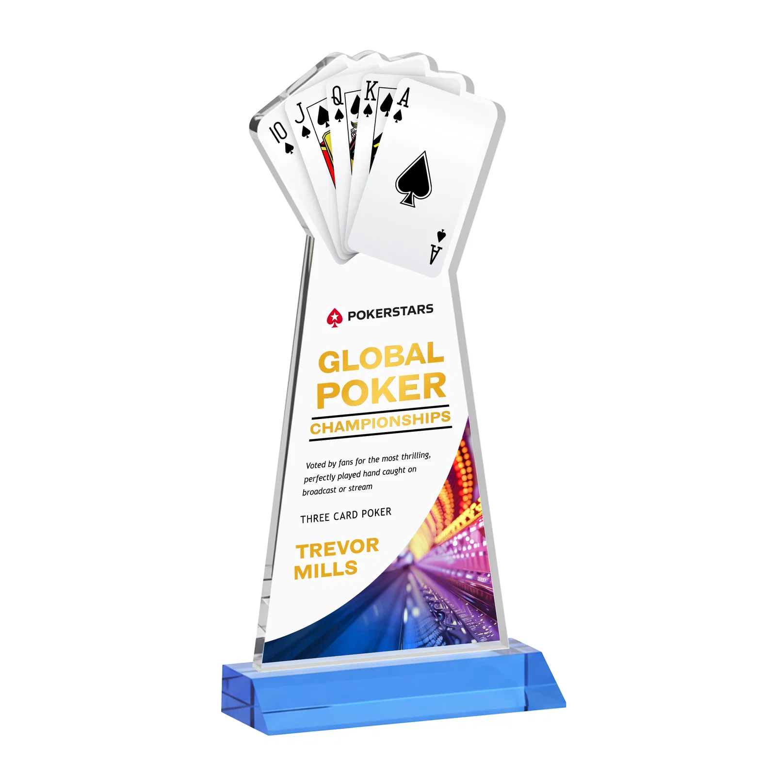 Customized Starfire Crystal Poker Award With Card Cutout, Mitered Base for volunteer appreciation