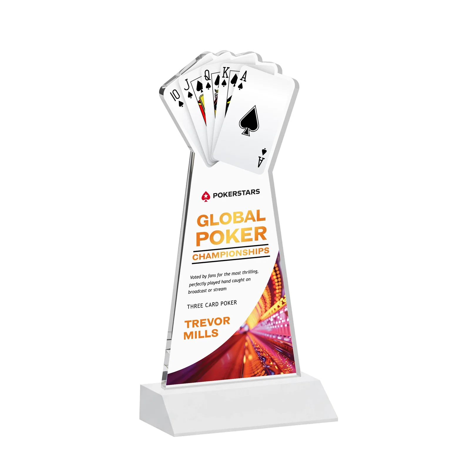 Customized Starfire Crystal Poker Award With Card Cutout, Mitered Base for company anniversary events