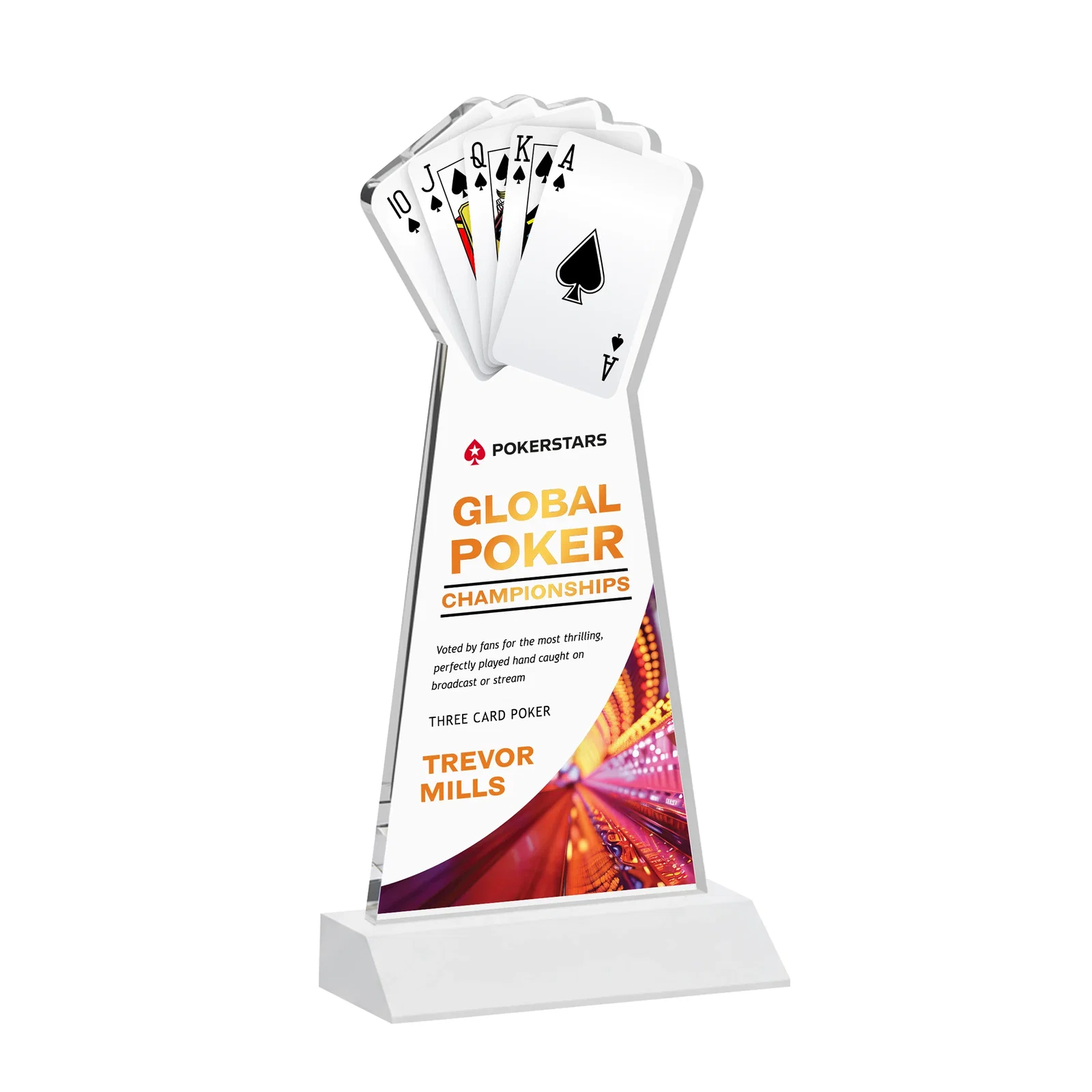 Custom engraved Starfire Crystal Poker Award With Card Cutout, Mitered Base for employee recognition