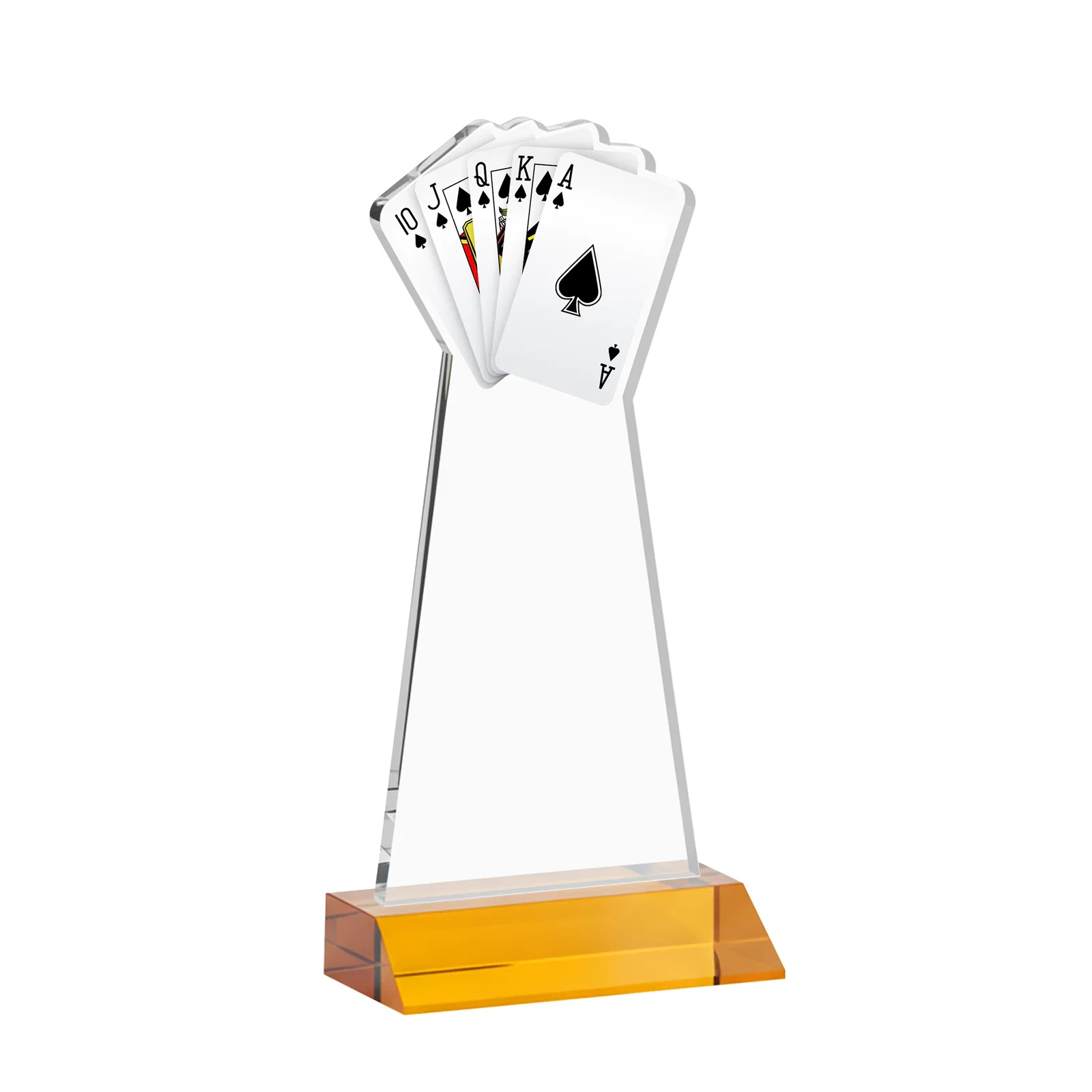 Custom engraved Starfire Crystal Poker Award With Card Cutout, Mitered Base for team milestone celebrations