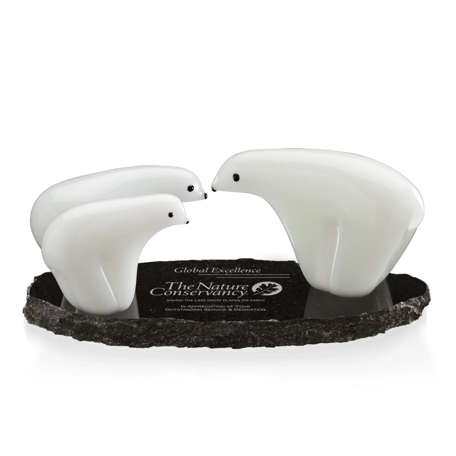 Custom White Glass Polar Bear Family Award Cast as One Connected Piece, marble for employee recognition