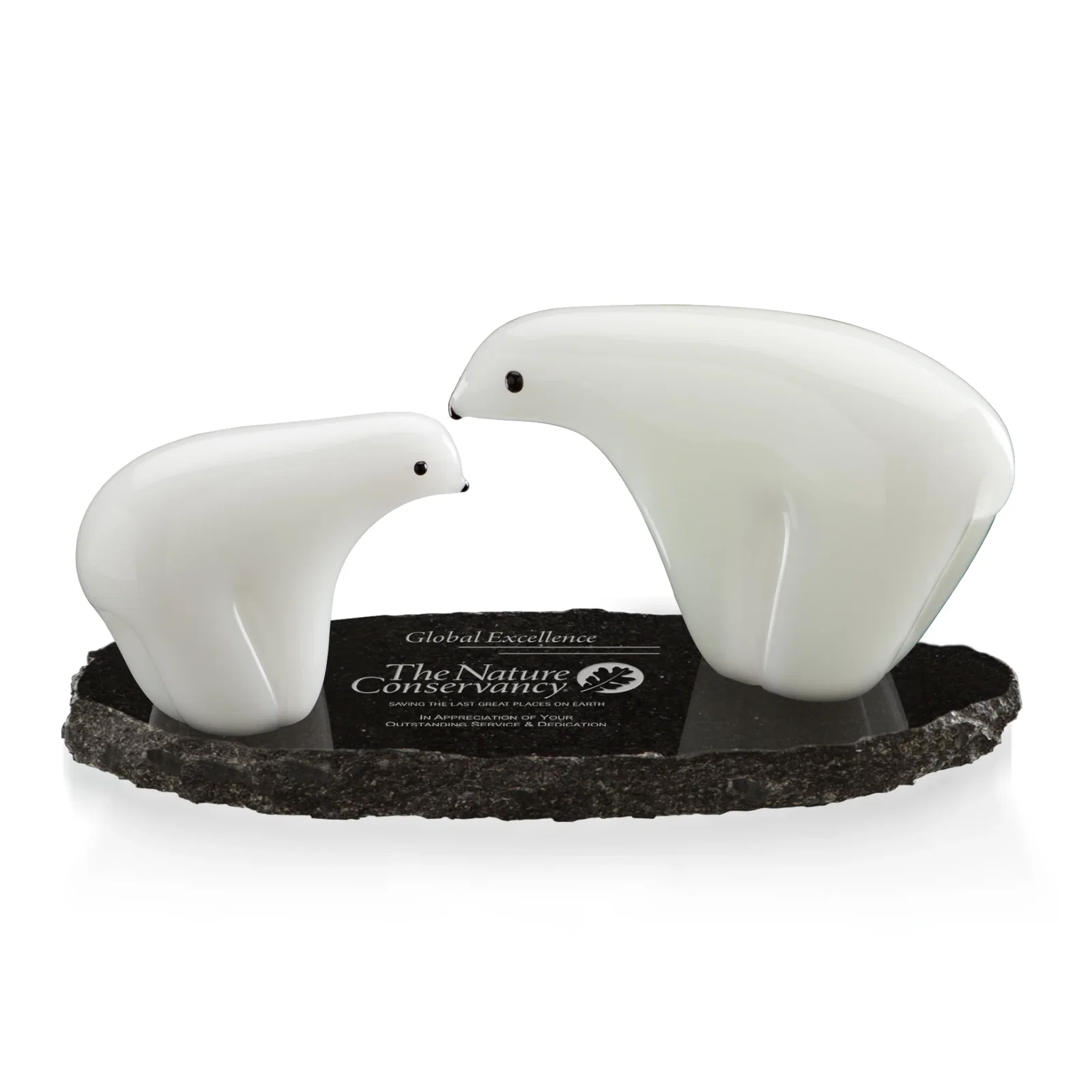 Custom White Glass Polar Bear Mother and Cub Award on Granite Base, marble for employee recognition
