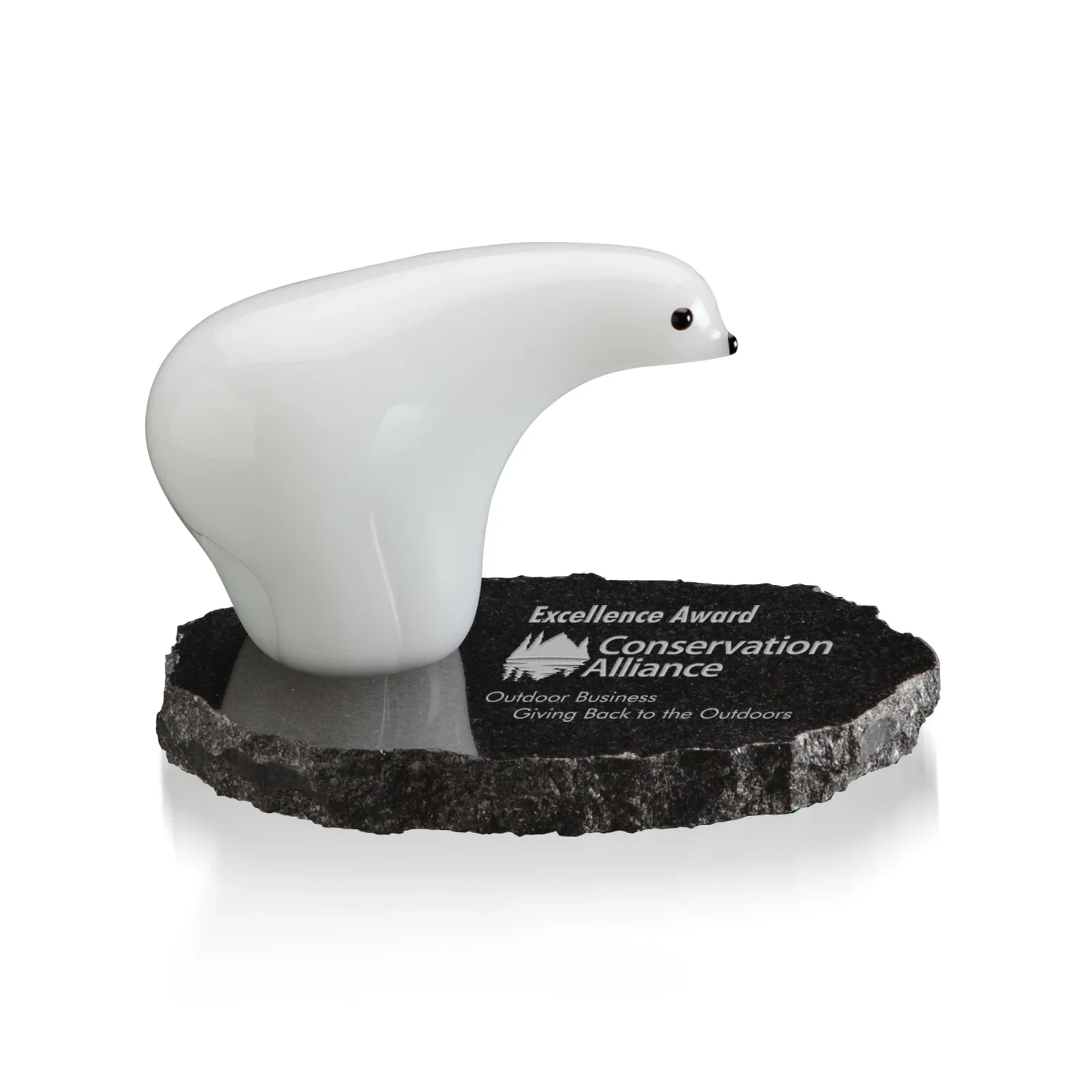 Custom White Glass Polar Bear Award on Chipped-Edge Granite Base, marble for corporate award ceremonies