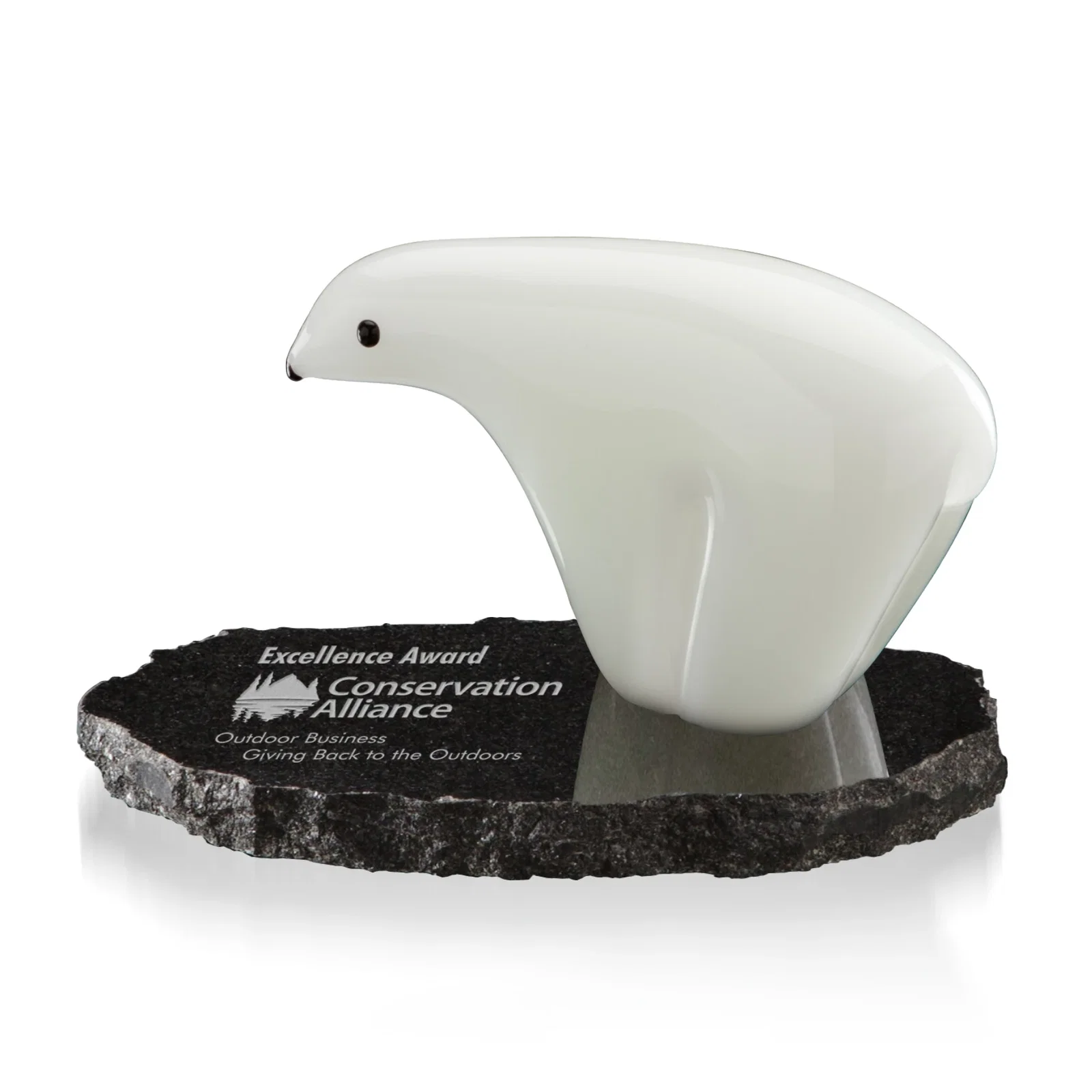 Custom White Glass Polar Bear Award on Chipped-Edge Granite Base, marble for service anniversary gifts