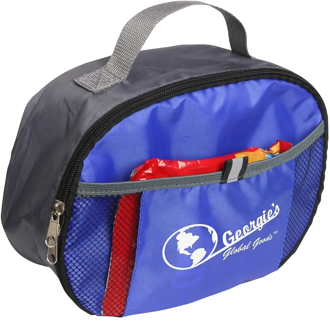 Branded insulated lunch bag open showing PEVA-lined cold-storage interior