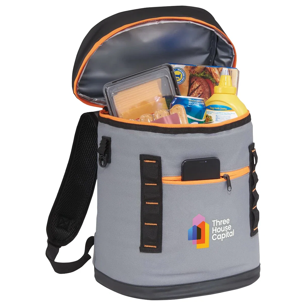 Polaris RPET cooler backpack packed with cans, in-use detail