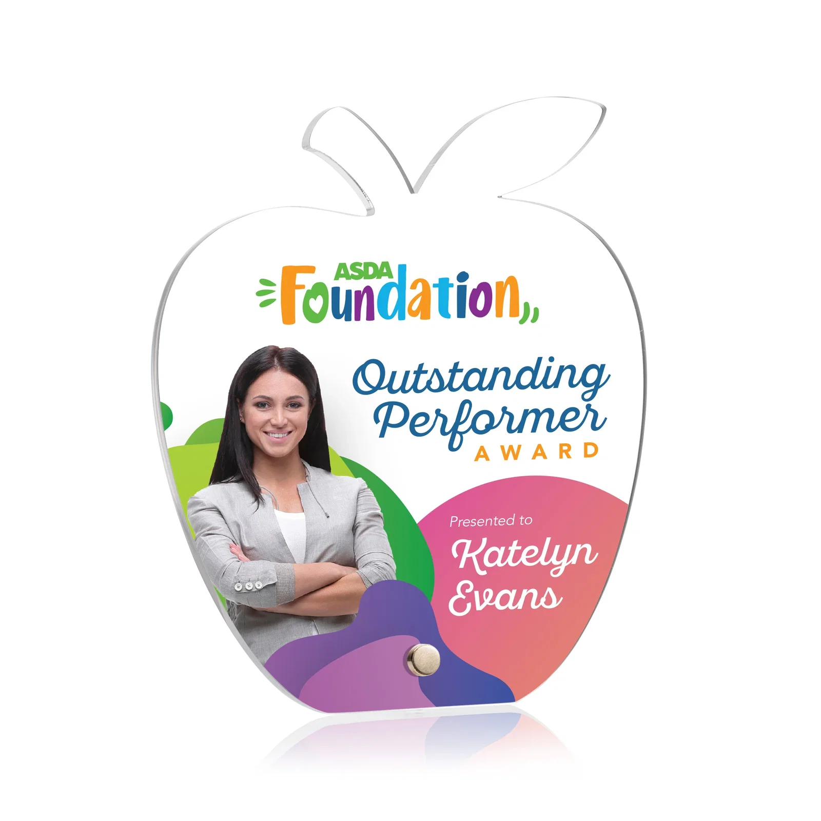 Custom Beveled Acrylic Apple Award with Easel Pin for Teachers for donor appreciation
