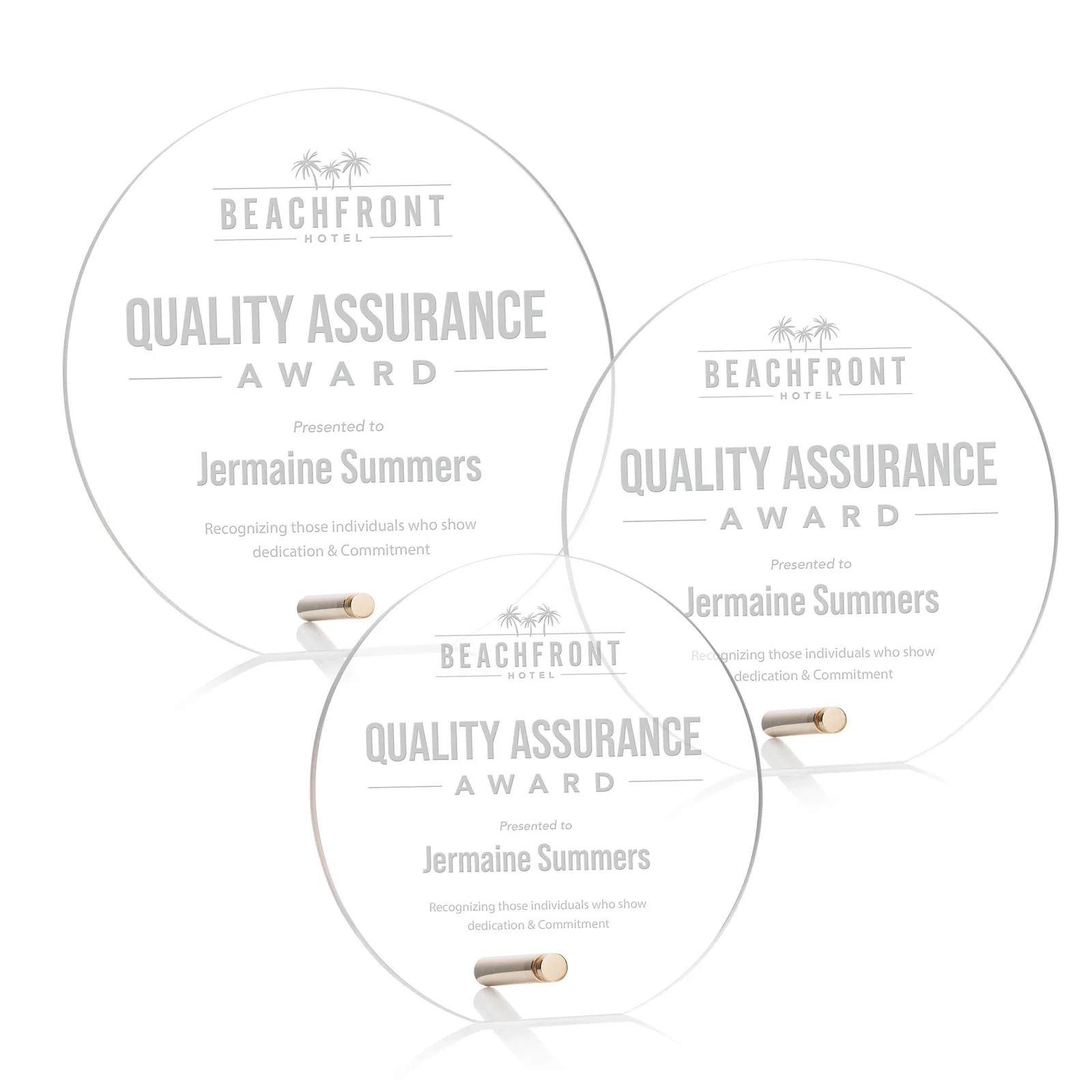 Custom Beveled Acrylic Clipped-Bottom Circle Award with Easel Pin for employee recognition