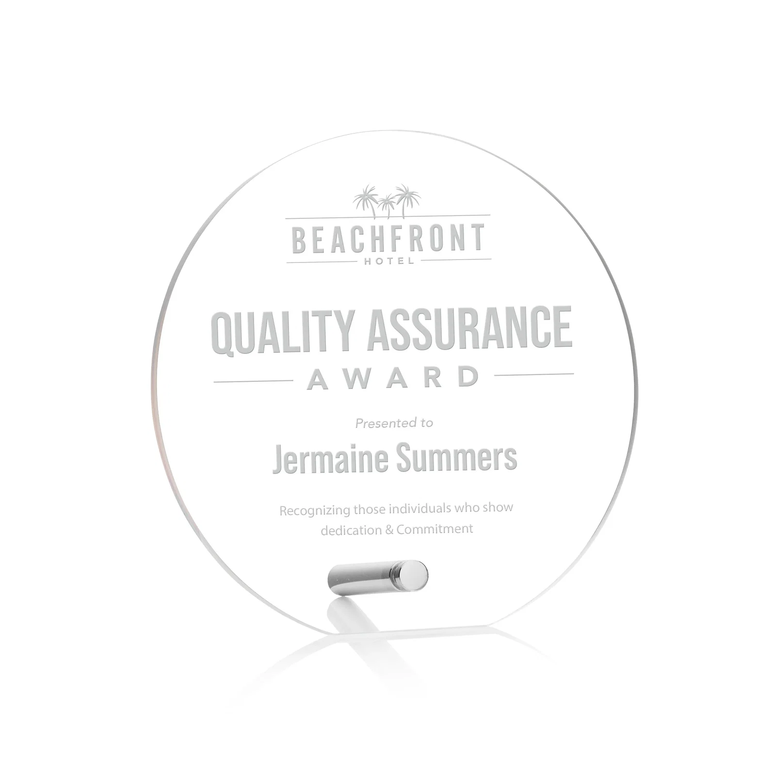 Custom Beveled Acrylic Clipped-Bottom Circle Award with Easel Pin for volunteer appreciation