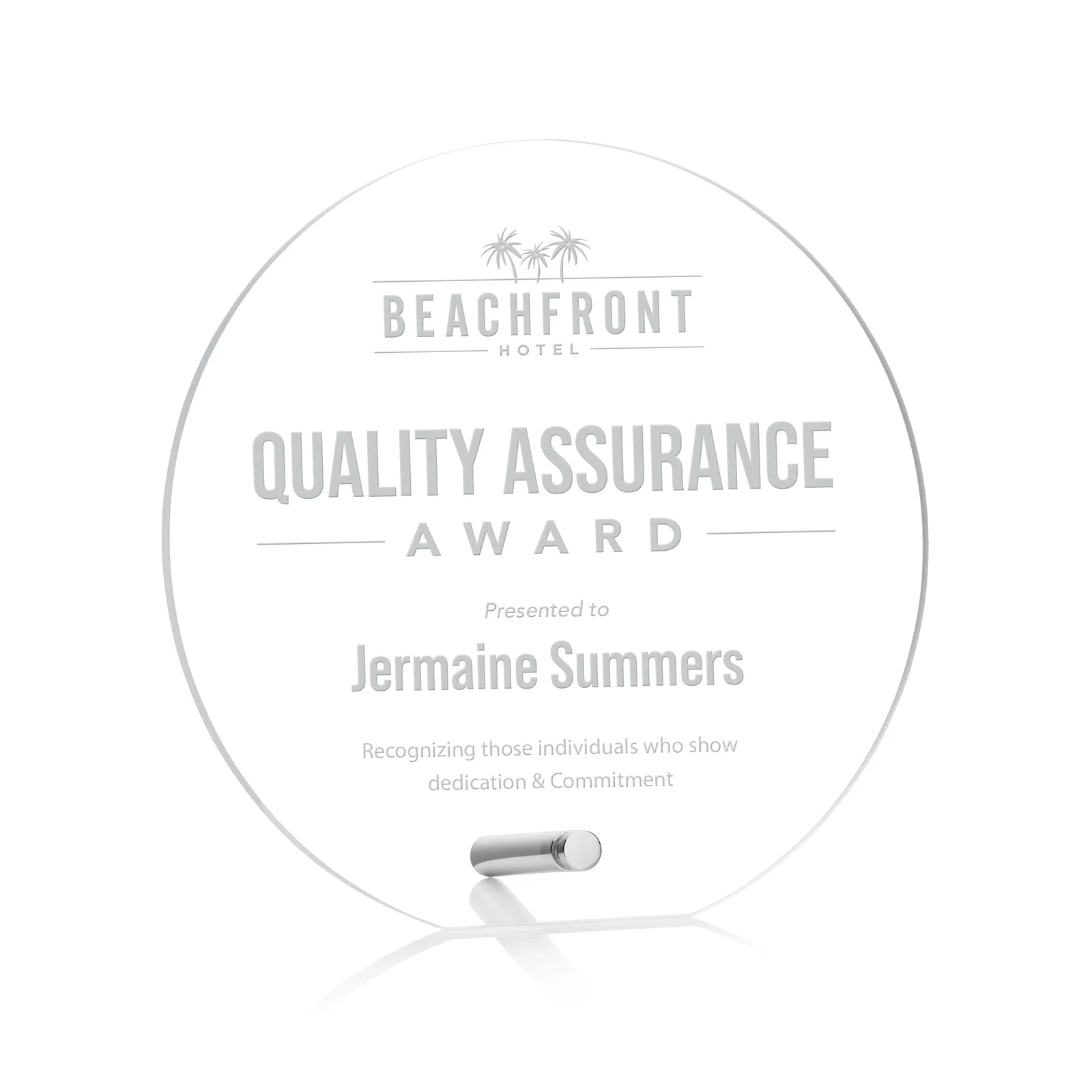 Custom Beveled Acrylic Clipped-Bottom Circle Award with Easel Pin for dealer and partner awards
