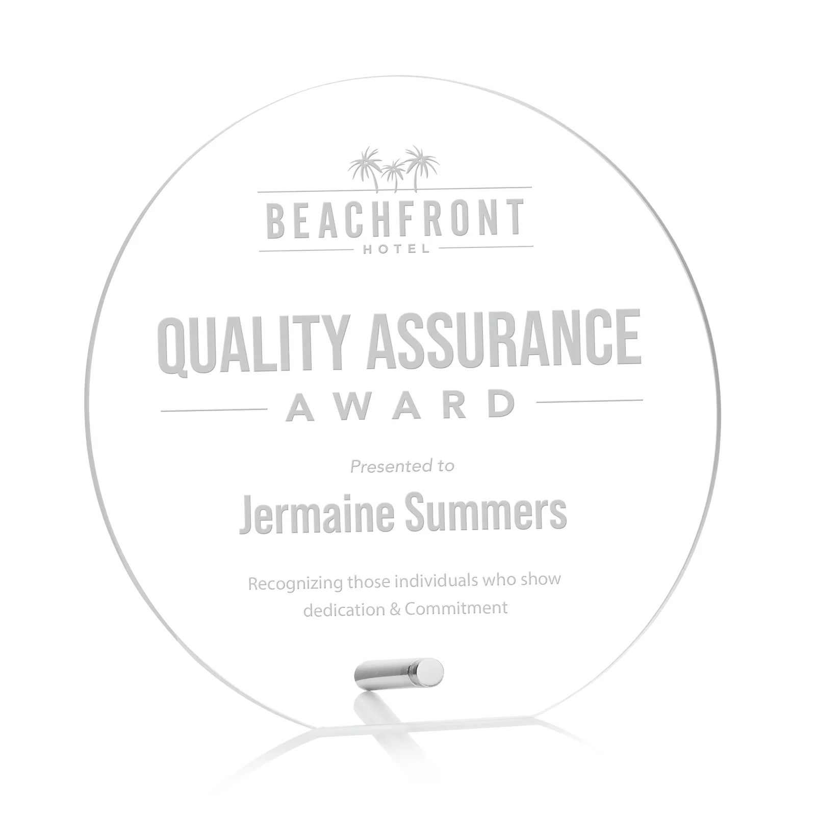 Custom Beveled Acrylic Clipped-Bottom Circle Award with Easel Pin for company anniversary events