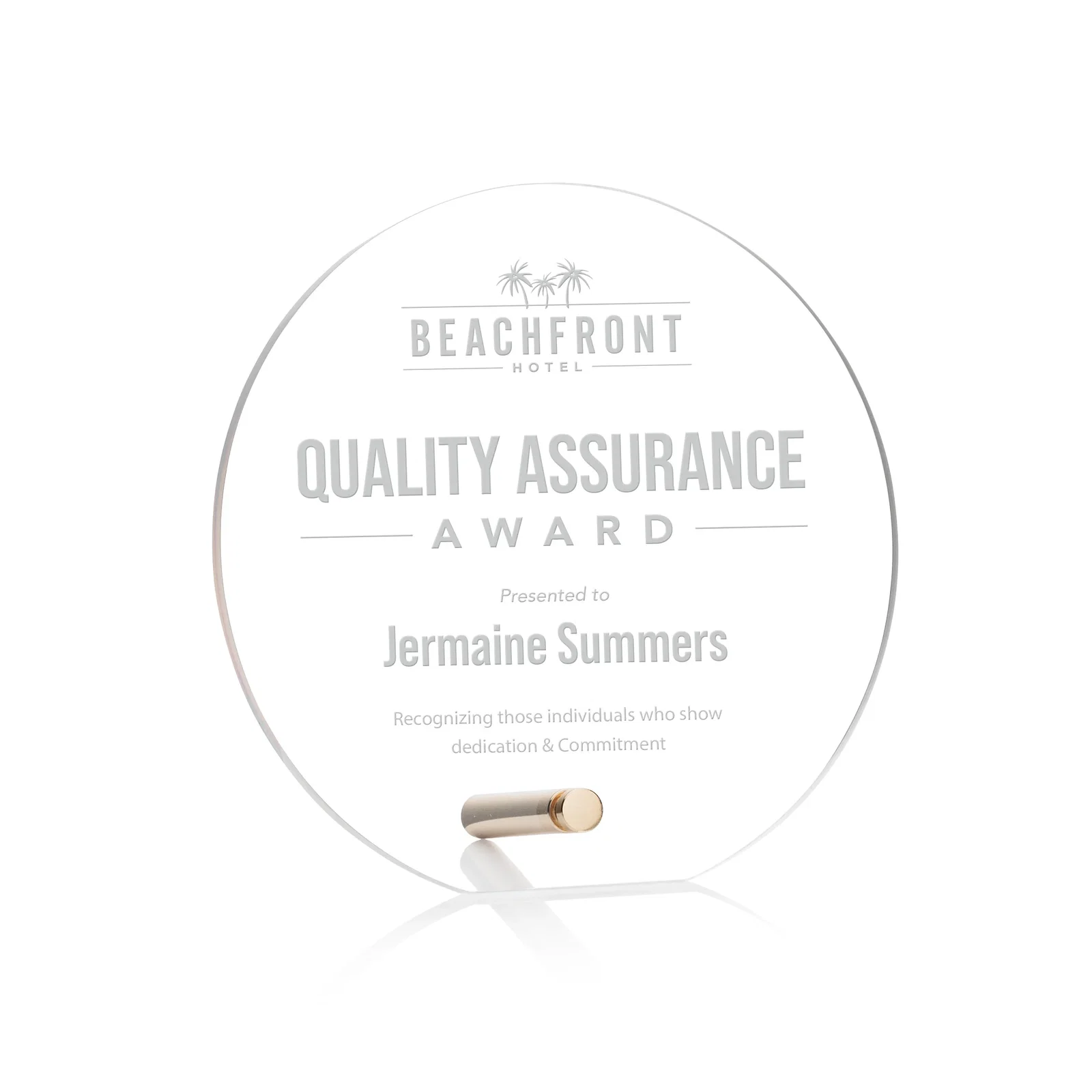 Custom Beveled Acrylic Clipped-Bottom Circle Award with Easel Pin for corporate award ceremonies