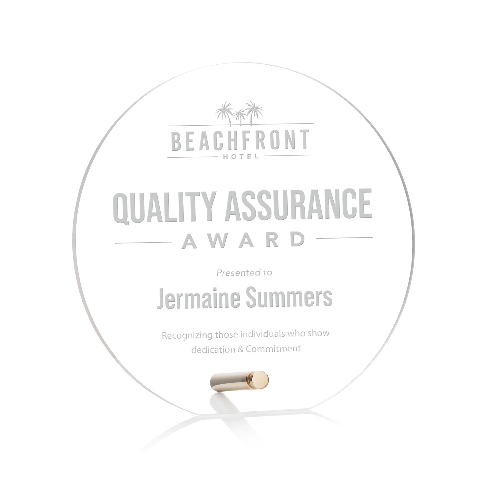 Custom Beveled Acrylic Clipped-Bottom Circle Award with Easel Pin for service anniversary gifts