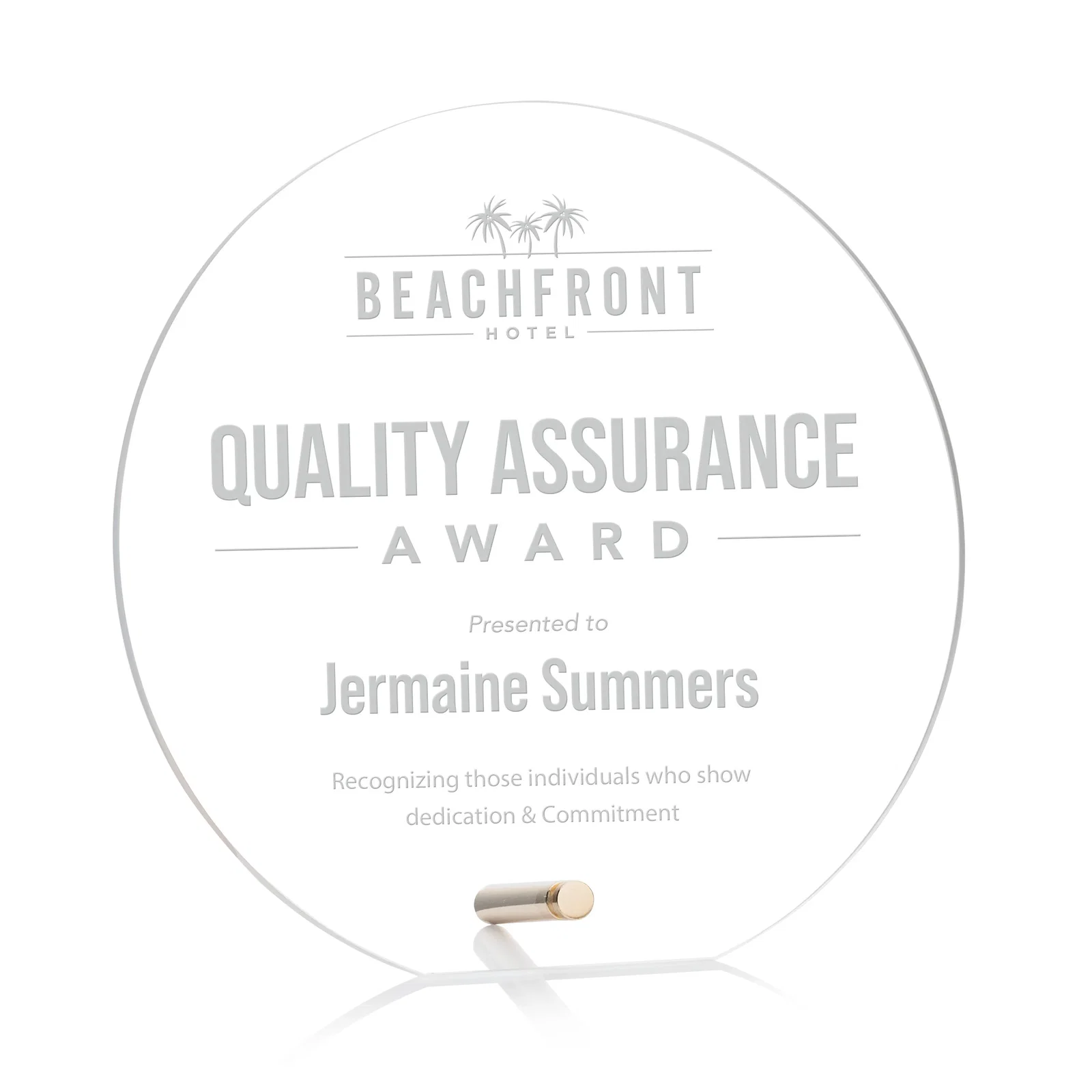 Custom Beveled Acrylic Clipped-Bottom Circle Award with Easel Pin for sales achievement awards