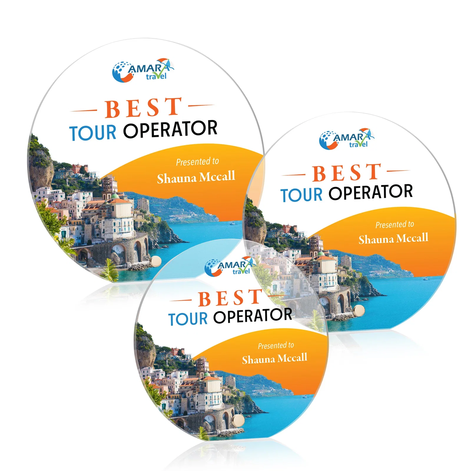 Custom Beveled Acrylic Clipped-Bottom Circle Award with Easel Pin for retirement presentations