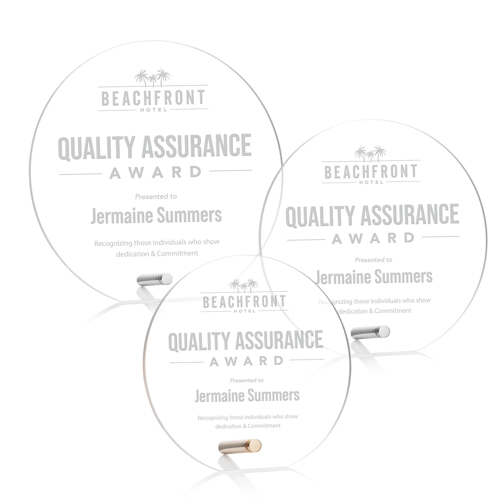 Custom Beveled Acrylic Clipped-Bottom Circle Award with Easel Pin for safety achievement programs