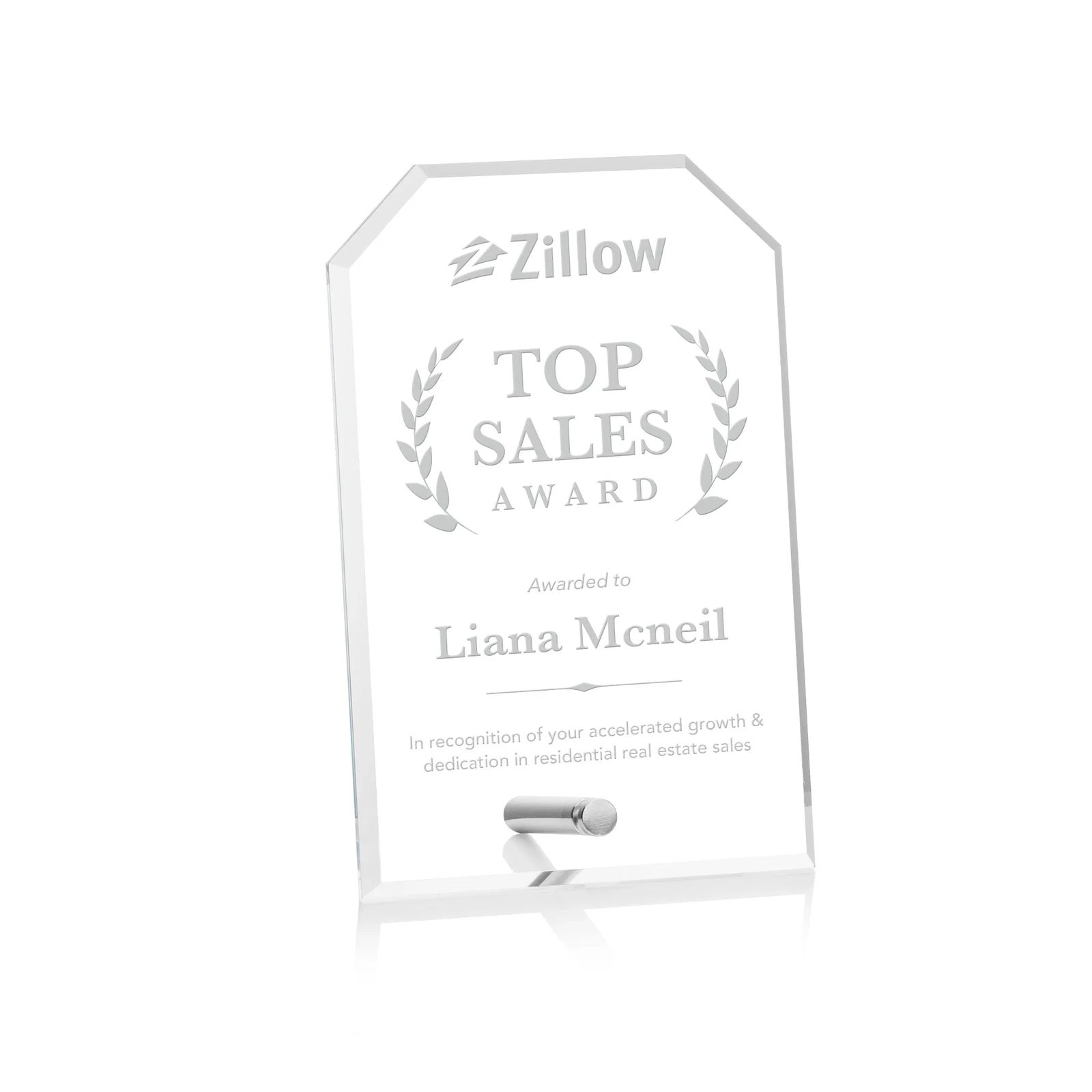 Custom Beveled Acrylic Clipped-Corner Tower Award with Easel Pin for volunteer appreciation