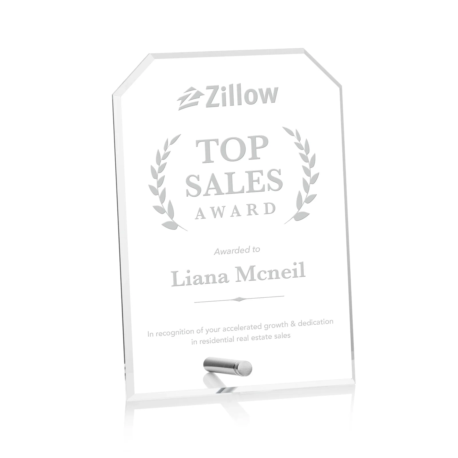 Custom Beveled Acrylic Clipped-Corner Tower Award with Easel Pin for dealer and partner awards