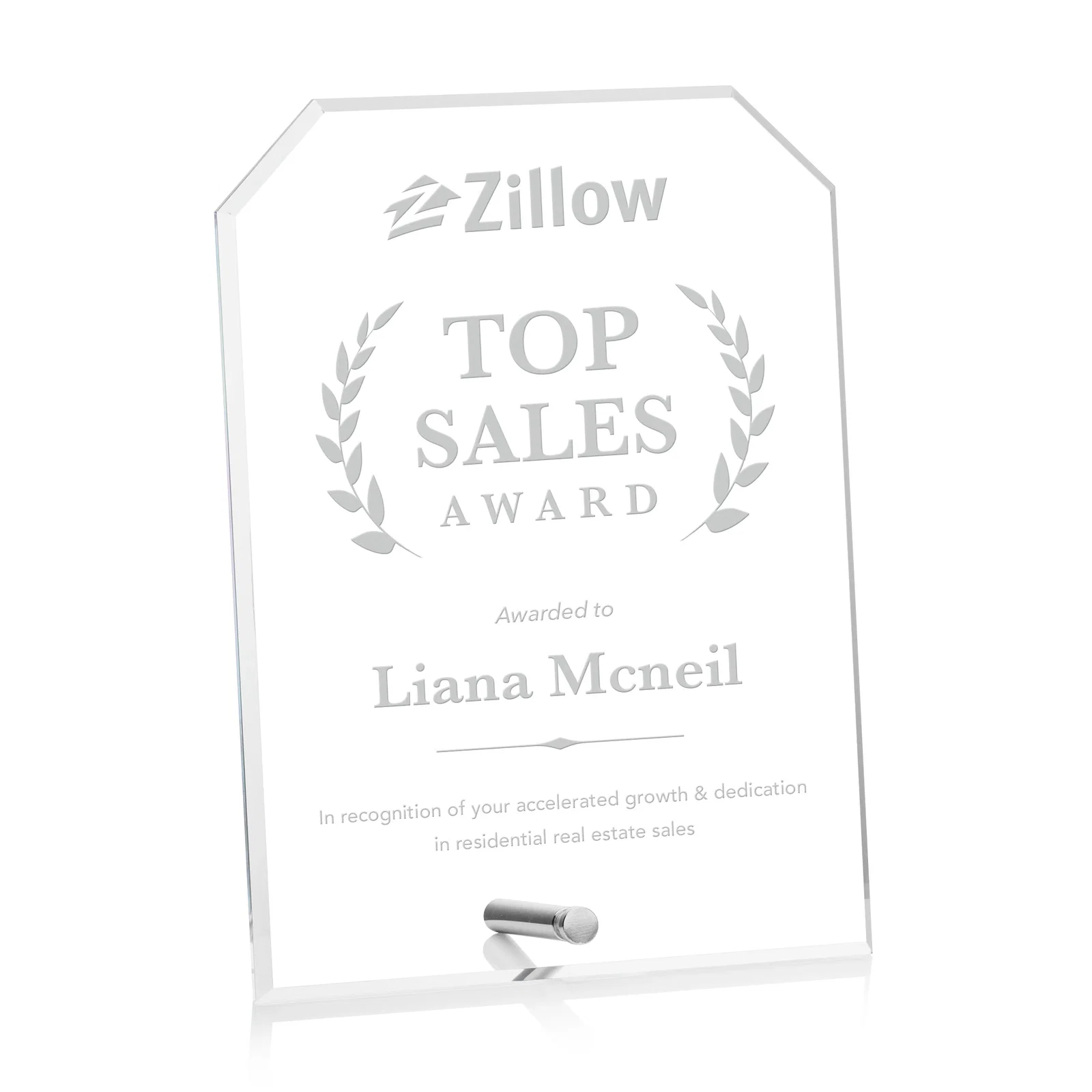 Custom Beveled Acrylic Clipped-Corner Tower Award with Easel Pin for company anniversary events