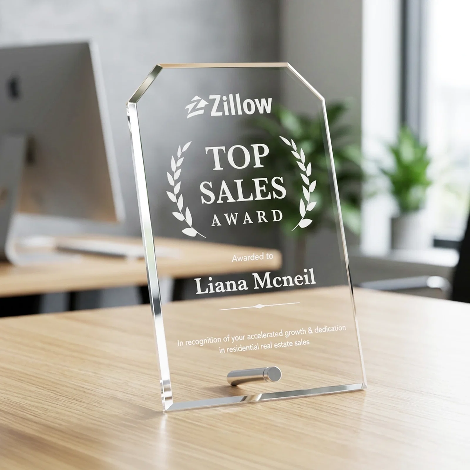 Personalized Beveled Acrylic Clipped-Corner Tower Award with Easel Pin for employee recognition