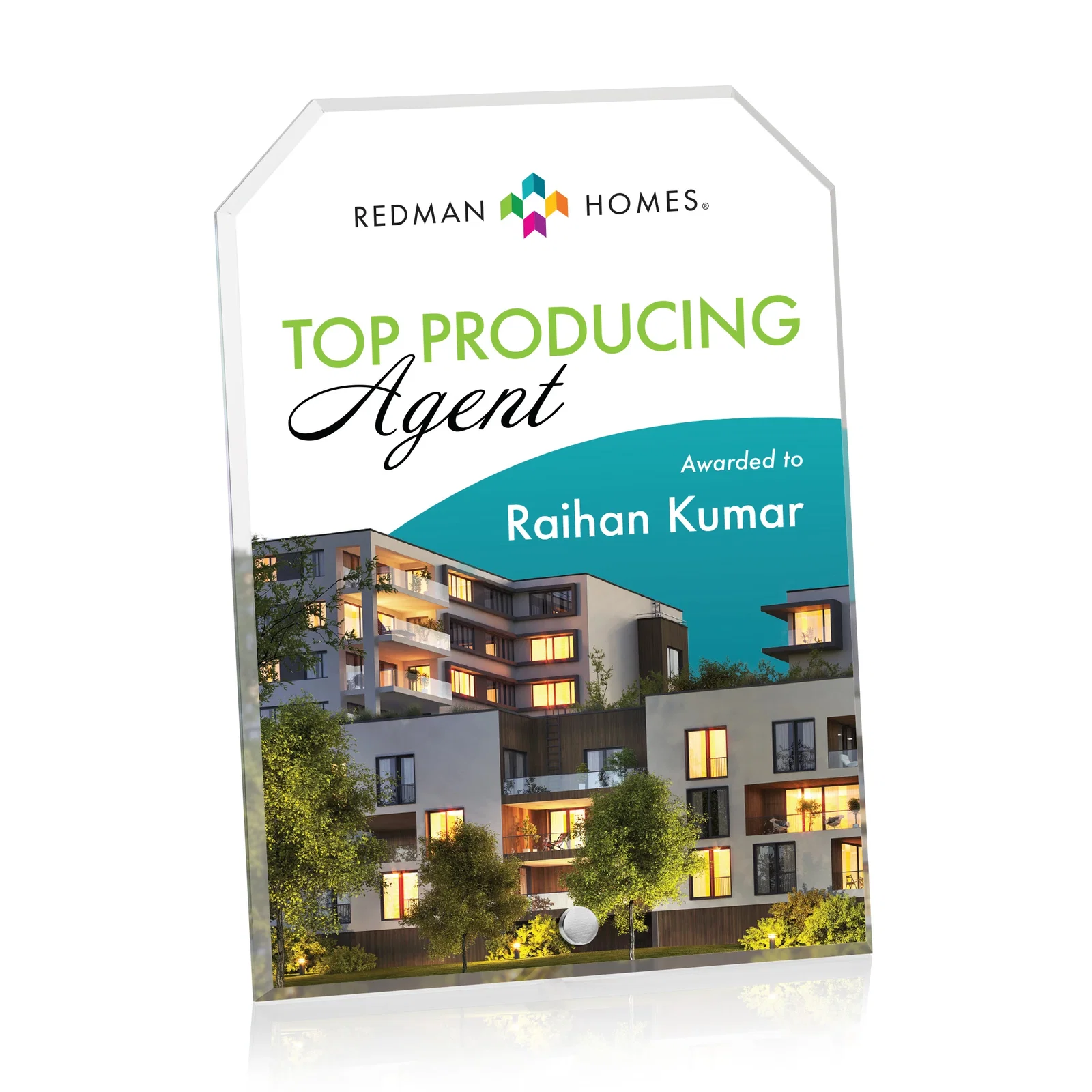 Personalized Beveled Acrylic Clipped-Corner Tower Award with Easel Pin for retirement presentations