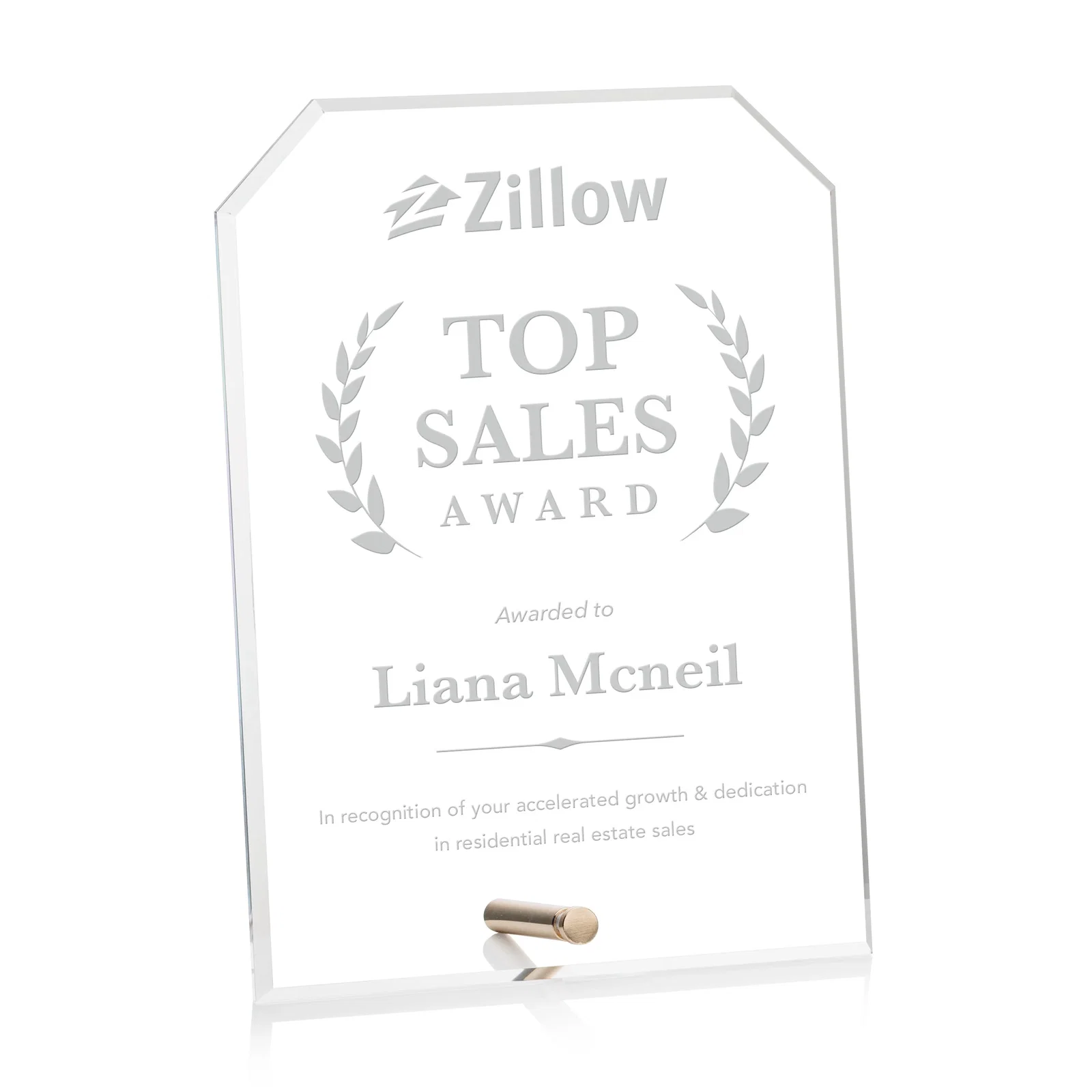 Custom Beveled Acrylic Clipped-Corner Tower Award with Easel Pin for sales achievement awards