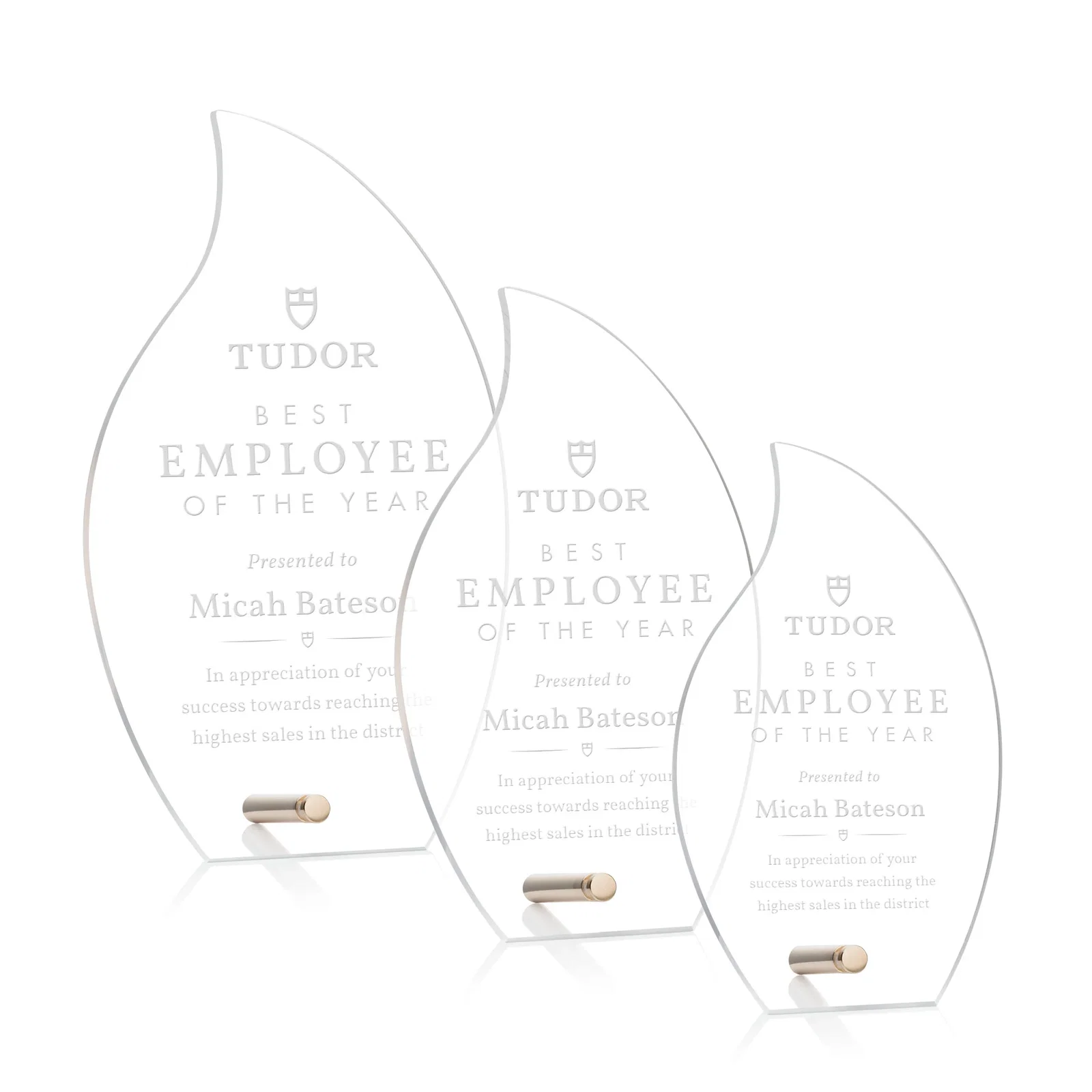 Custom Beveled Acrylic Flame Award with Easel Pin for employee recognition
