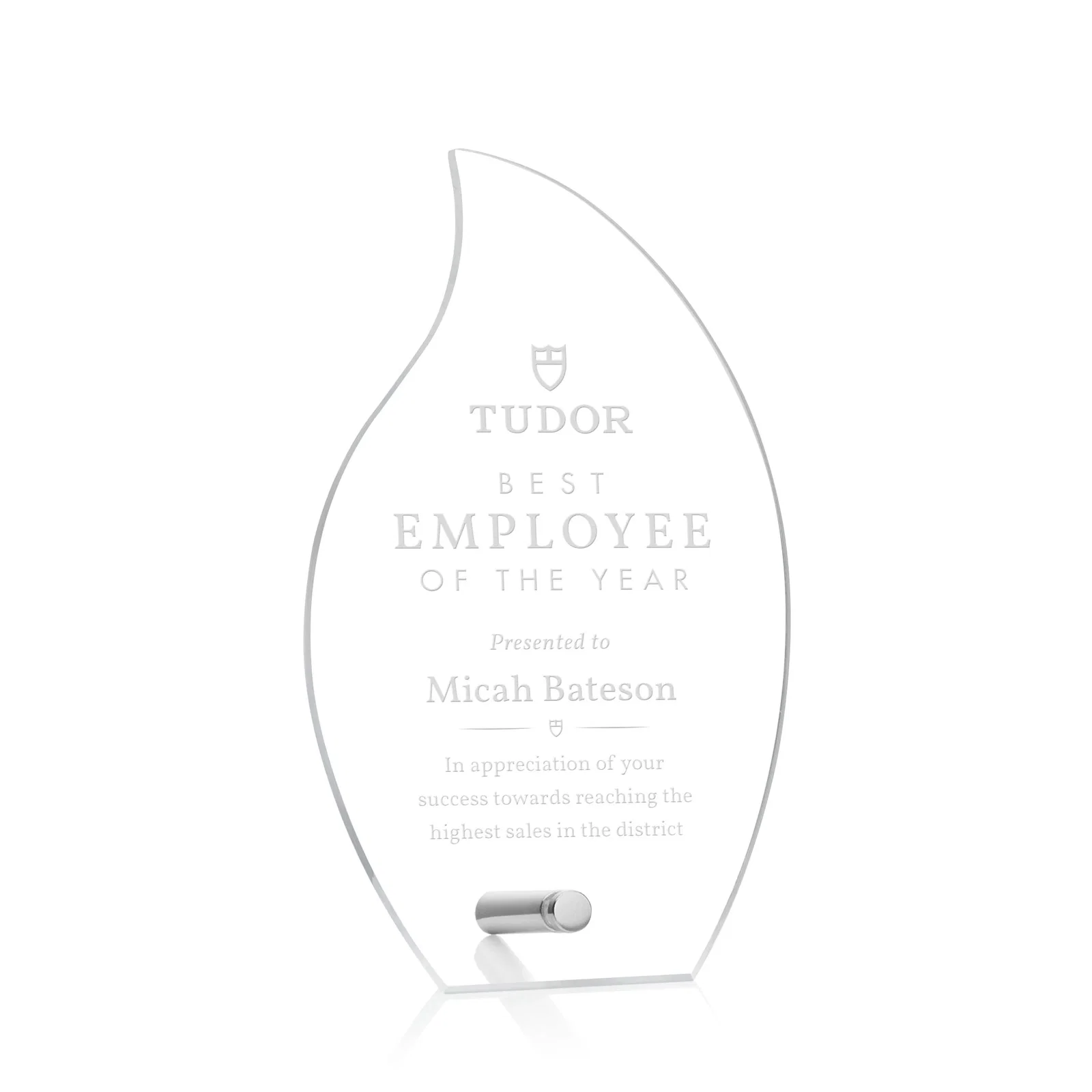 Custom Beveled Acrylic Flame Award with Easel Pin for volunteer appreciation