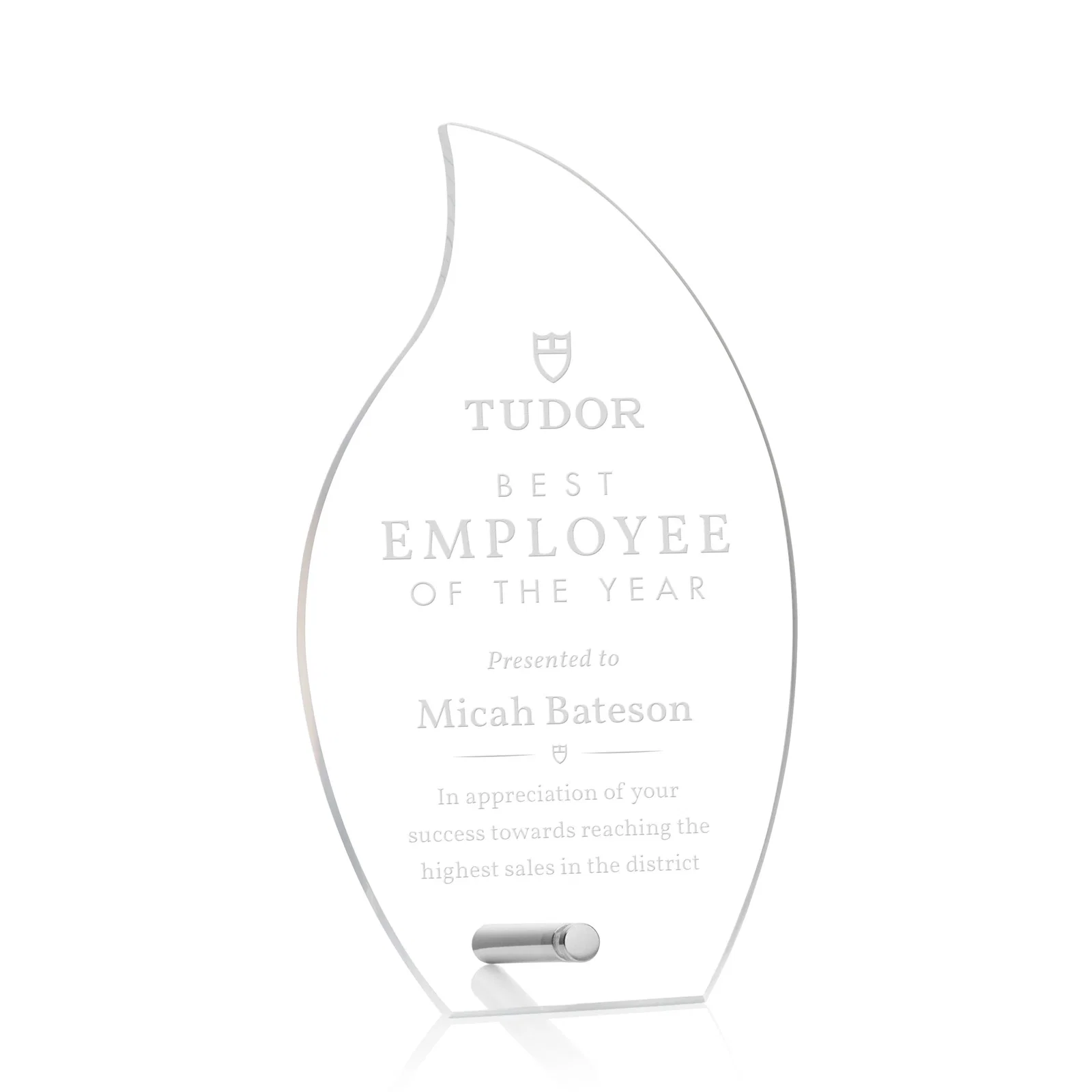 Custom Beveled Acrylic Flame Award with Easel Pin for dealer and partner awards