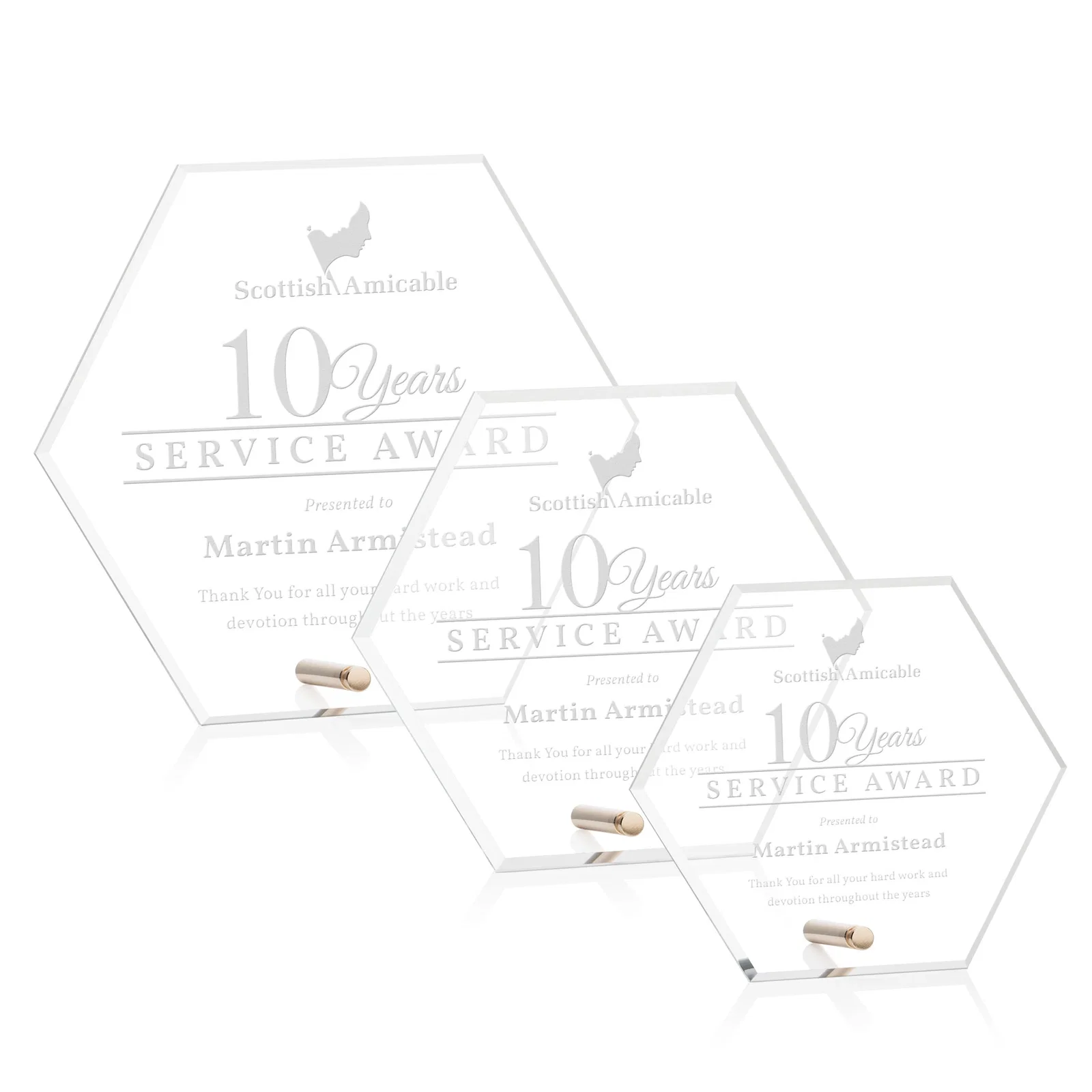 Custom Beveled Acrylic Hexagon Award with Easel Pin for employee recognition